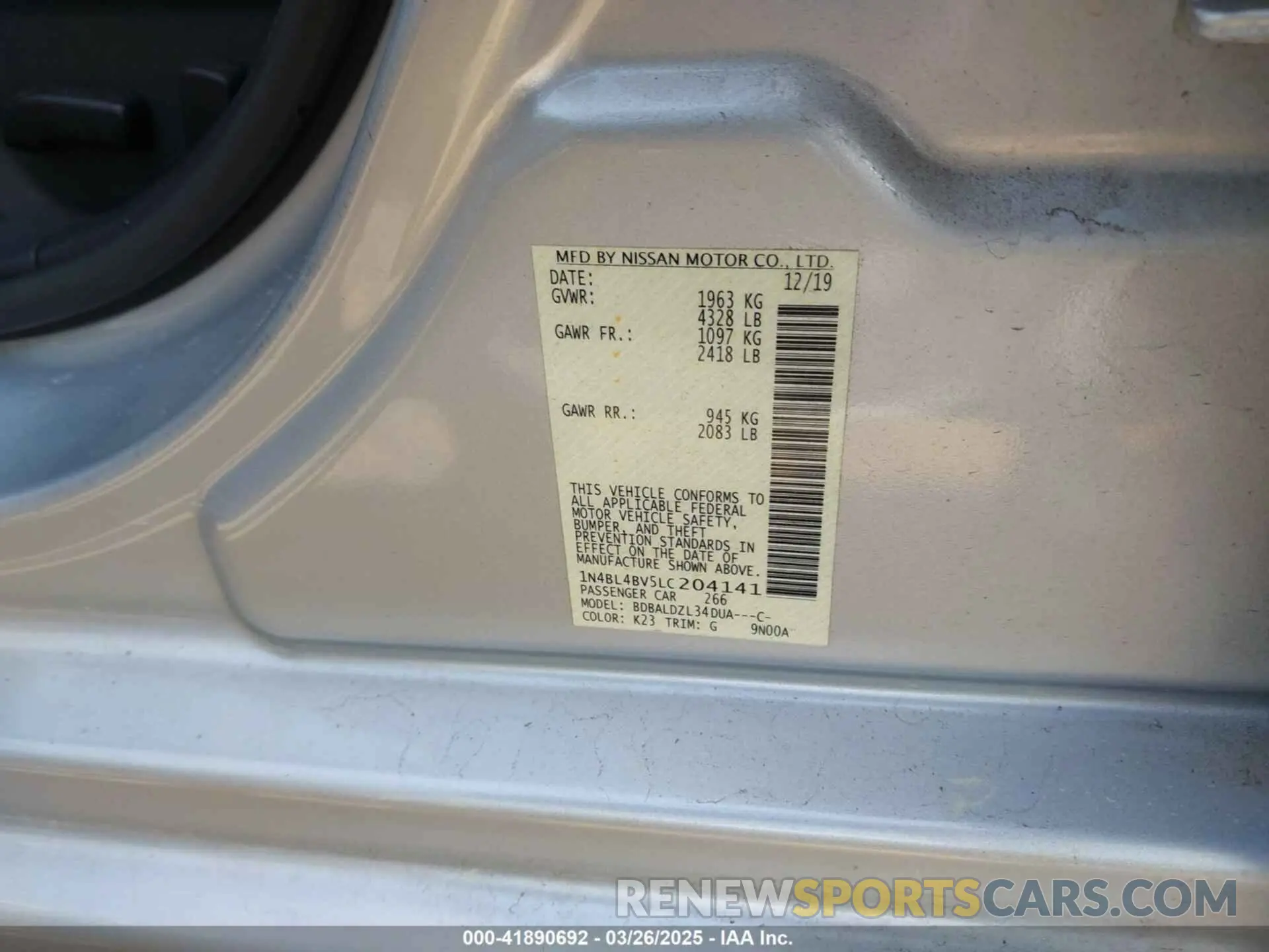 9 fotografías del automóvil dañado 1N4BL4BV5LC204141 NISSAN ALTIMA 2020