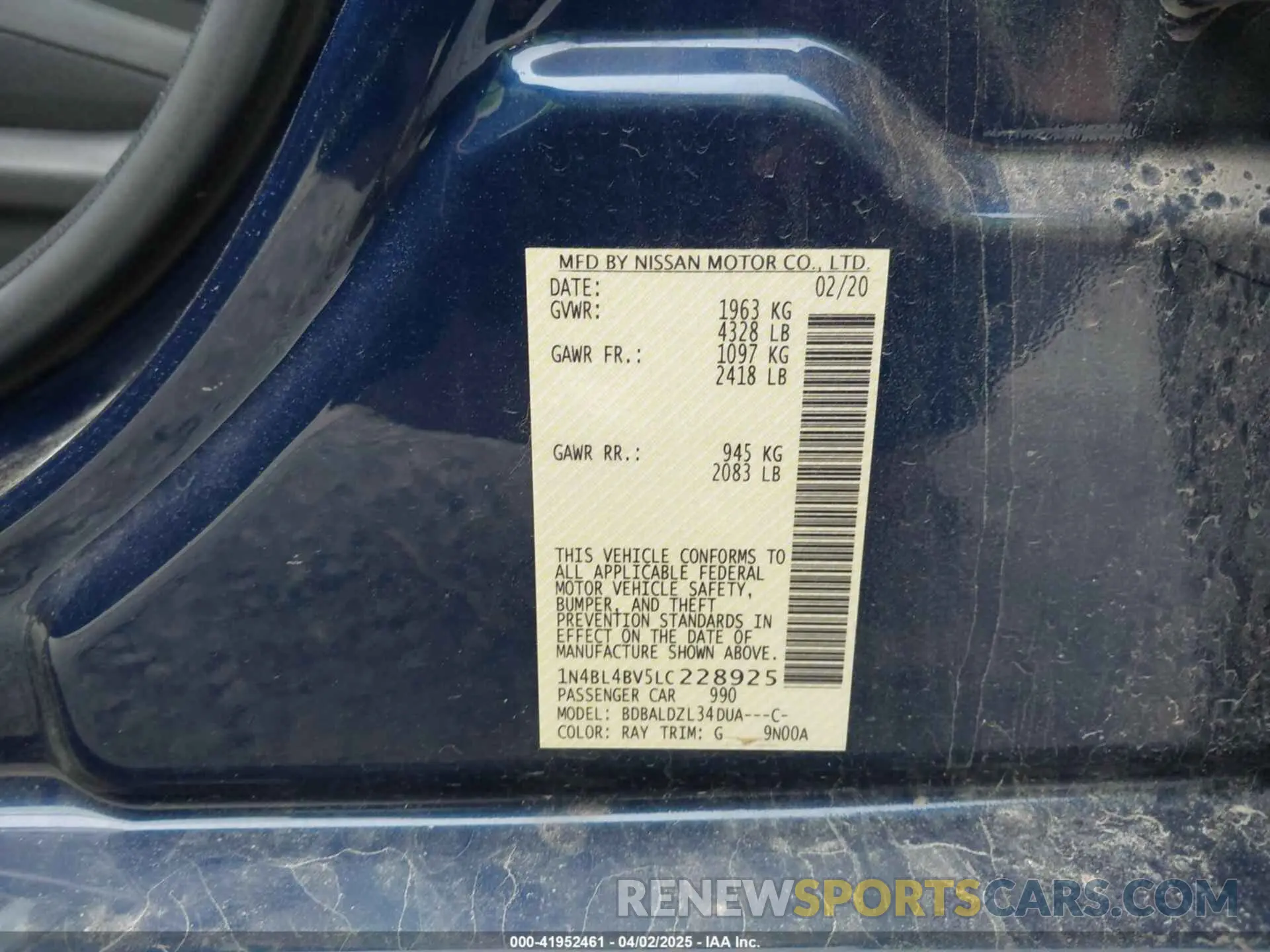 9 fotografías del automóvil dañado 1N4BL4BV5LC228925 NISSAN ALTIMA 2020