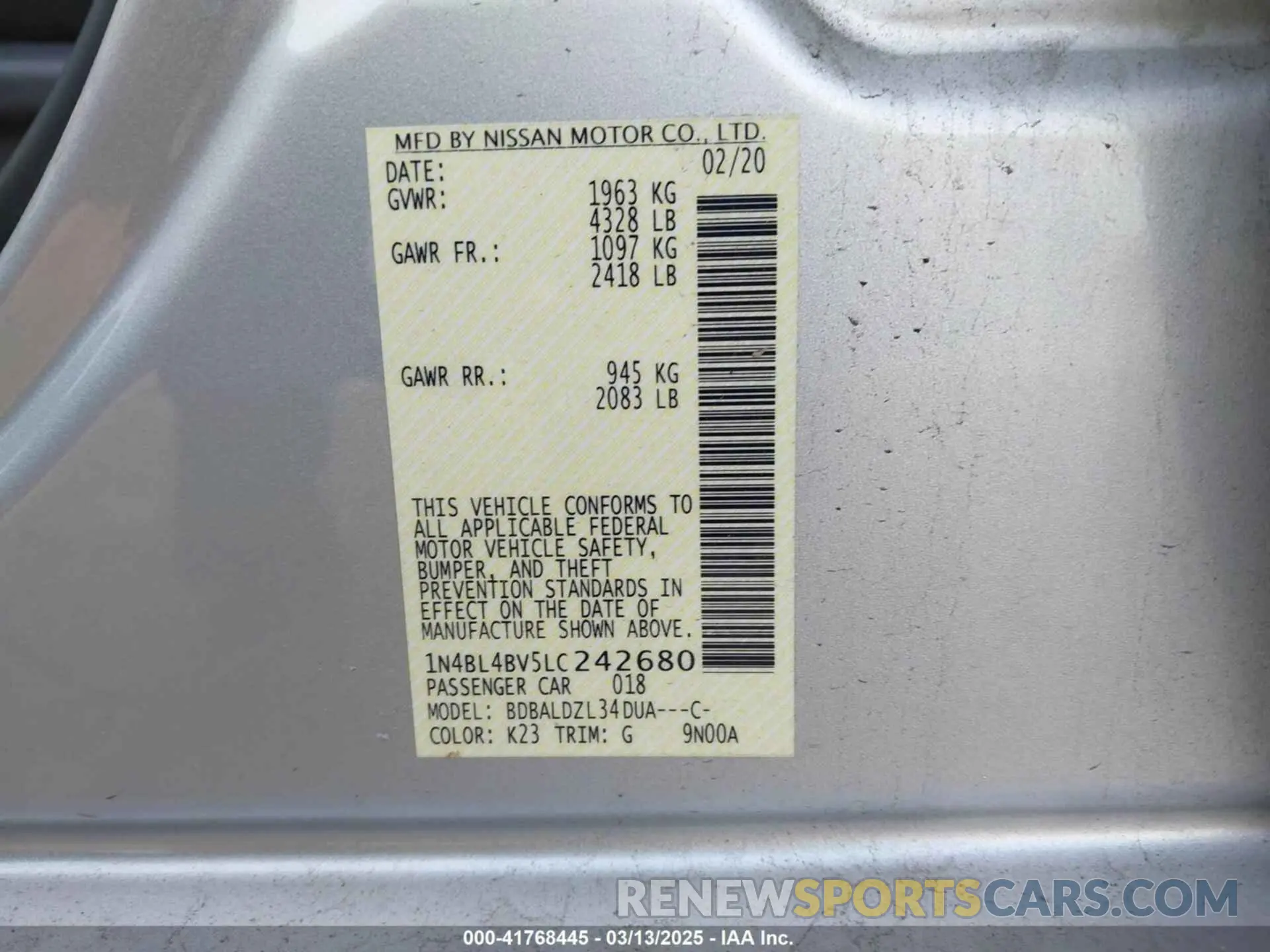 9 fotografías del automóvil dañado 1N4BL4BV5LC242680 NISSAN ALTIMA 2020