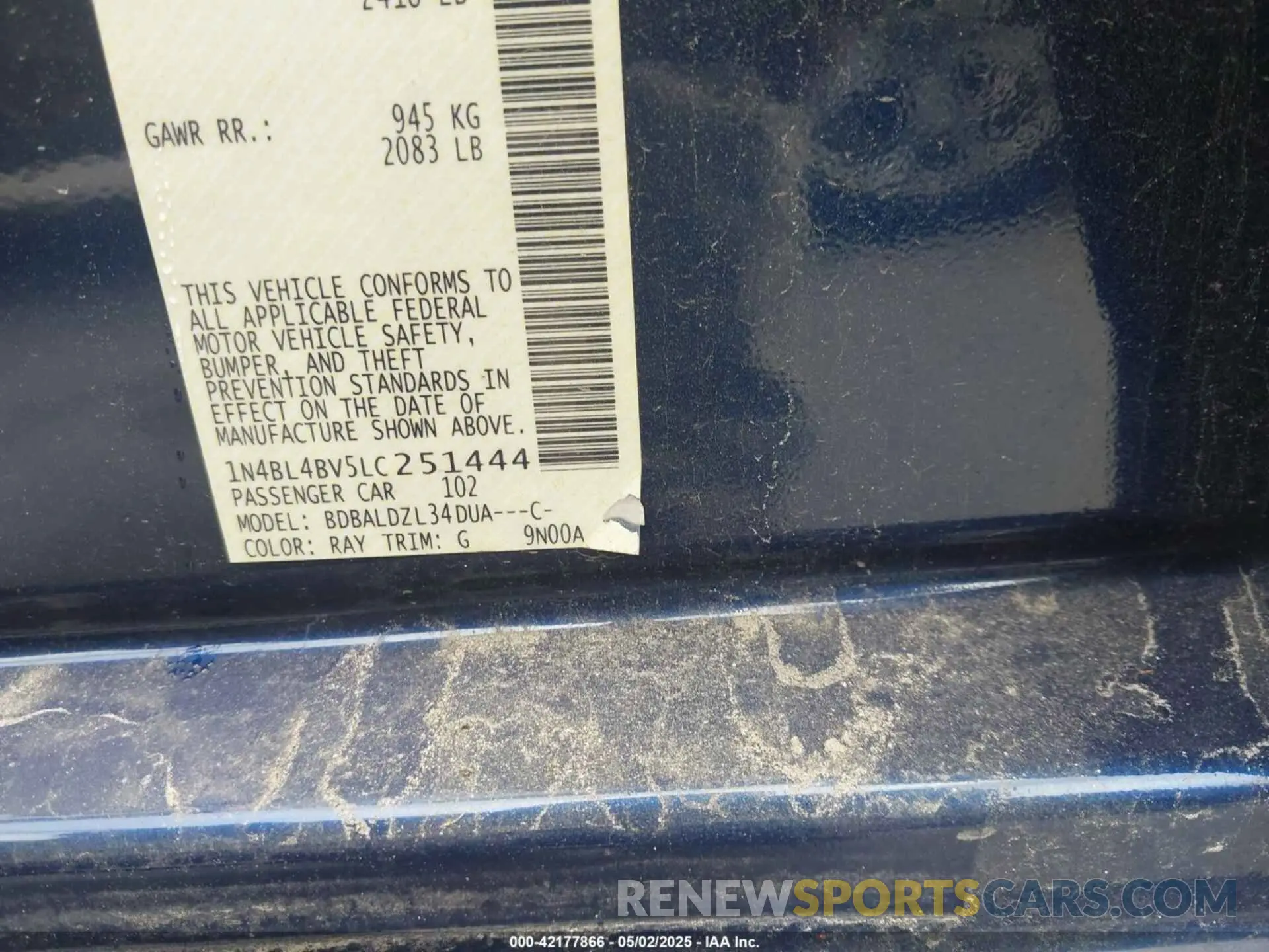 9 fotografías del automóvil dañado 1N4BL4BV5LC251444 NISSAN ALTIMA 2020