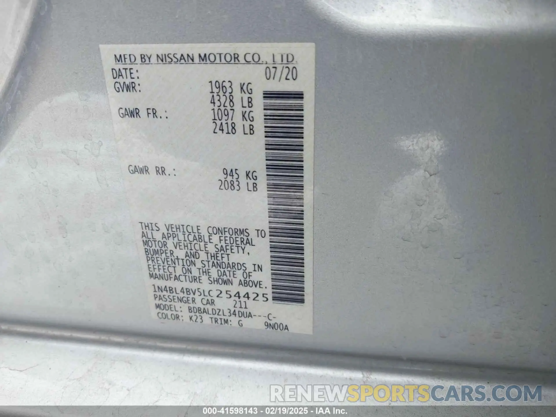 9 fotografías del automóvil dañado 1N4BL4BV5LC254425 NISSAN ALTIMA 2020