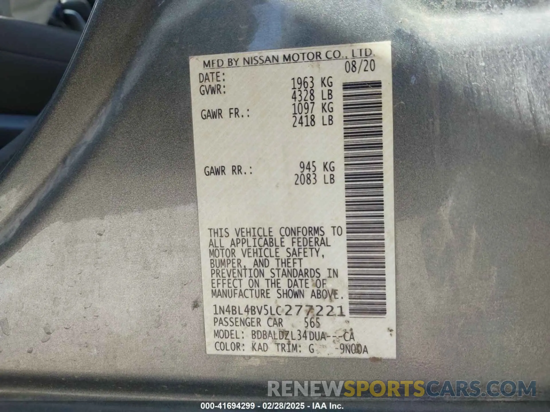 9 fotografías del automóvil dañado 1N4BL4BV5LC277221 NISSAN ALTIMA 2020