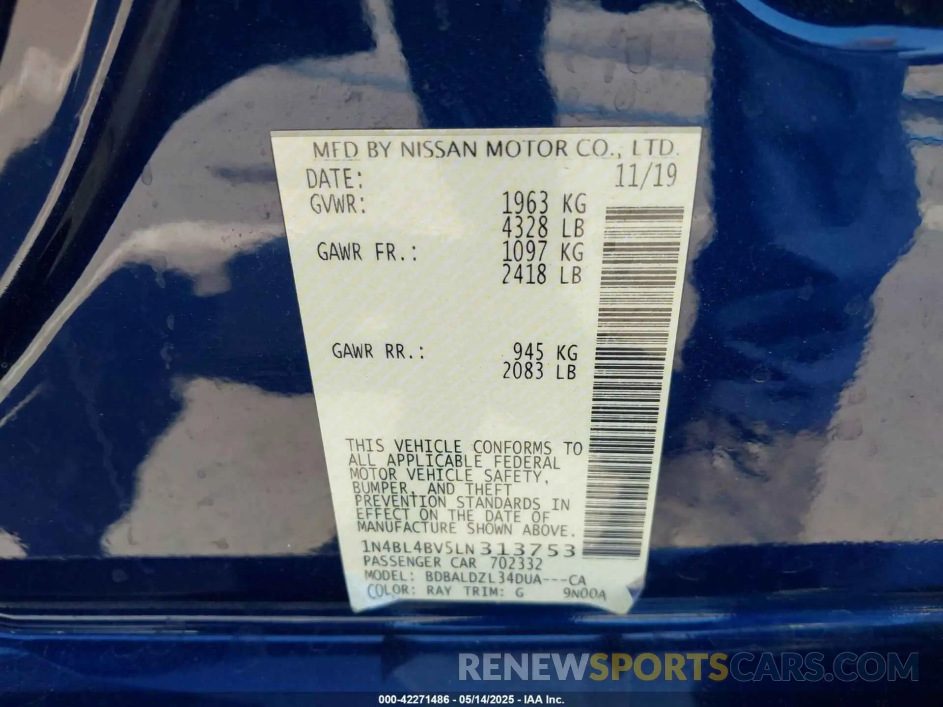 9 fotografías del automóvil dañado 1N4BL4BV5LN313753 NISSAN ALTIMA 2020