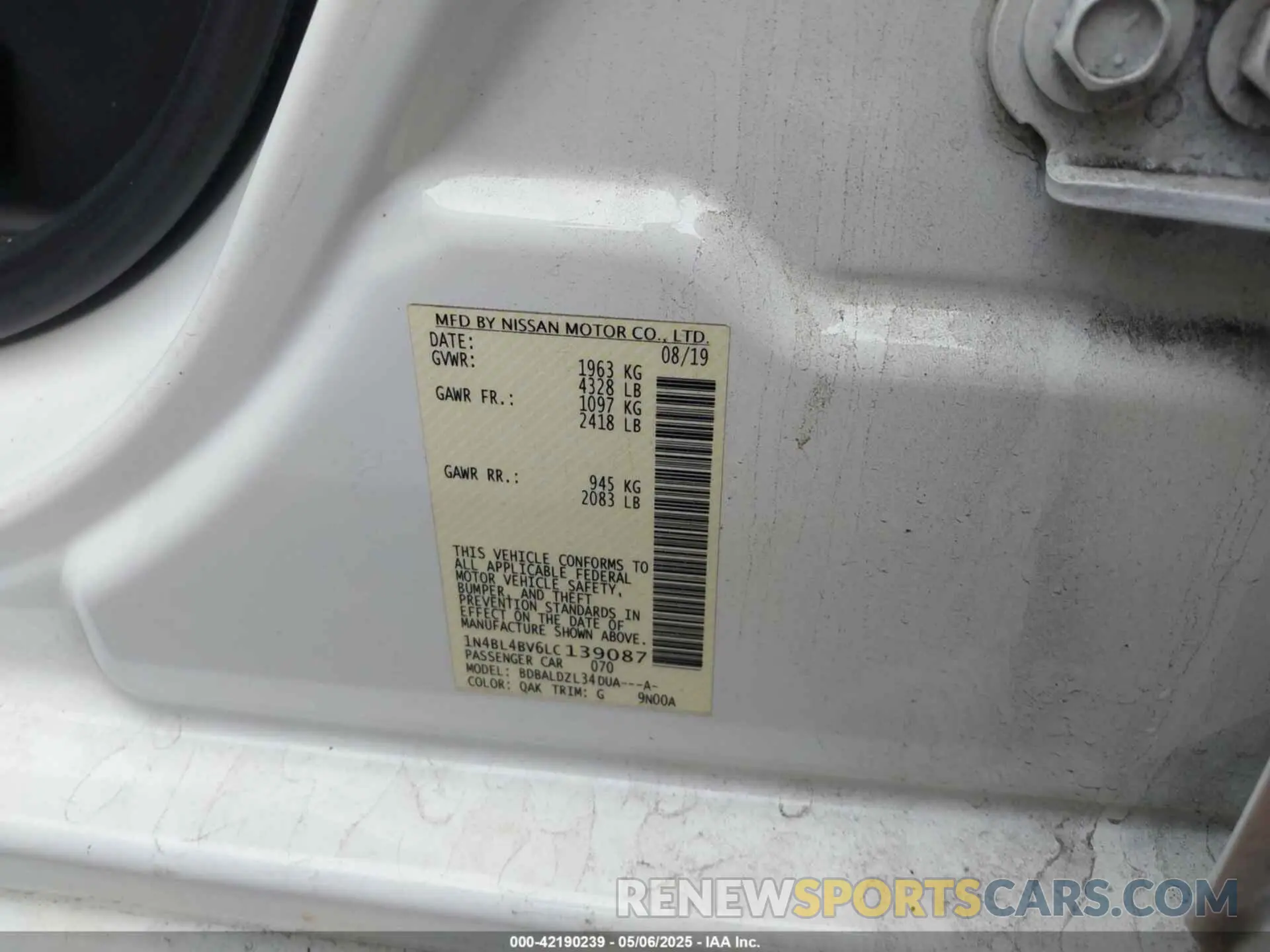 9 fotografías del automóvil dañado 1N4BL4BV6LC139087 NISSAN ALTIMA 2020