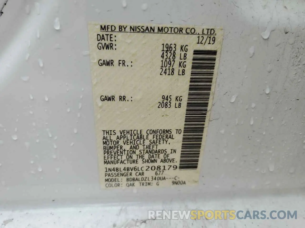 12 fotografías del automóvil dañado 1N4BL4BV6LC208179 NISSAN ALTIMA 2020
