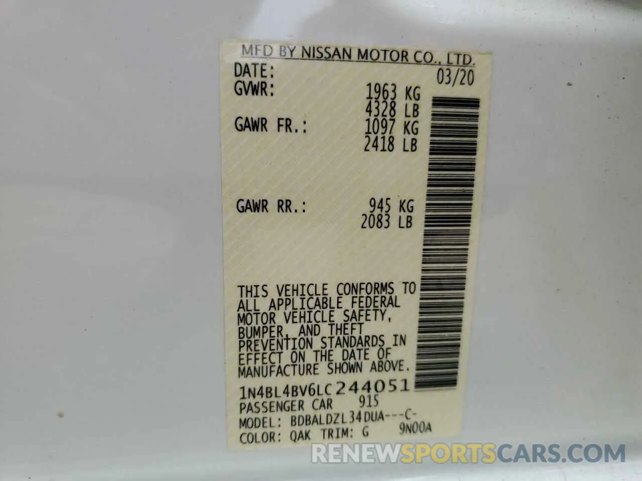 15 fotografías del automóvil dañado 1N4BL4BV6LC244051 NISSAN ALTIMA 2020