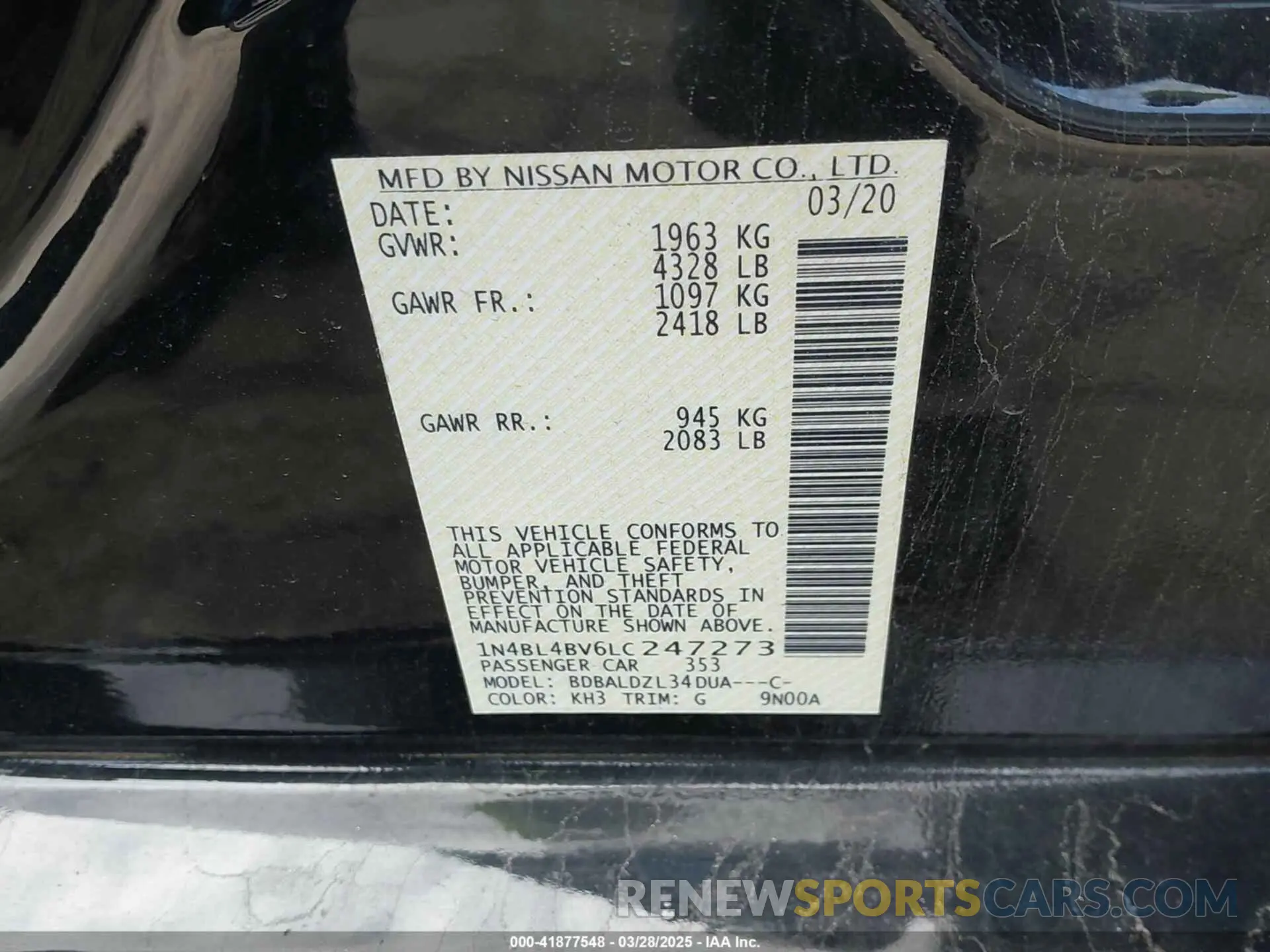 9 fotografías del automóvil dañado 1N4BL4BV6LC247273 NISSAN ALTIMA 2020