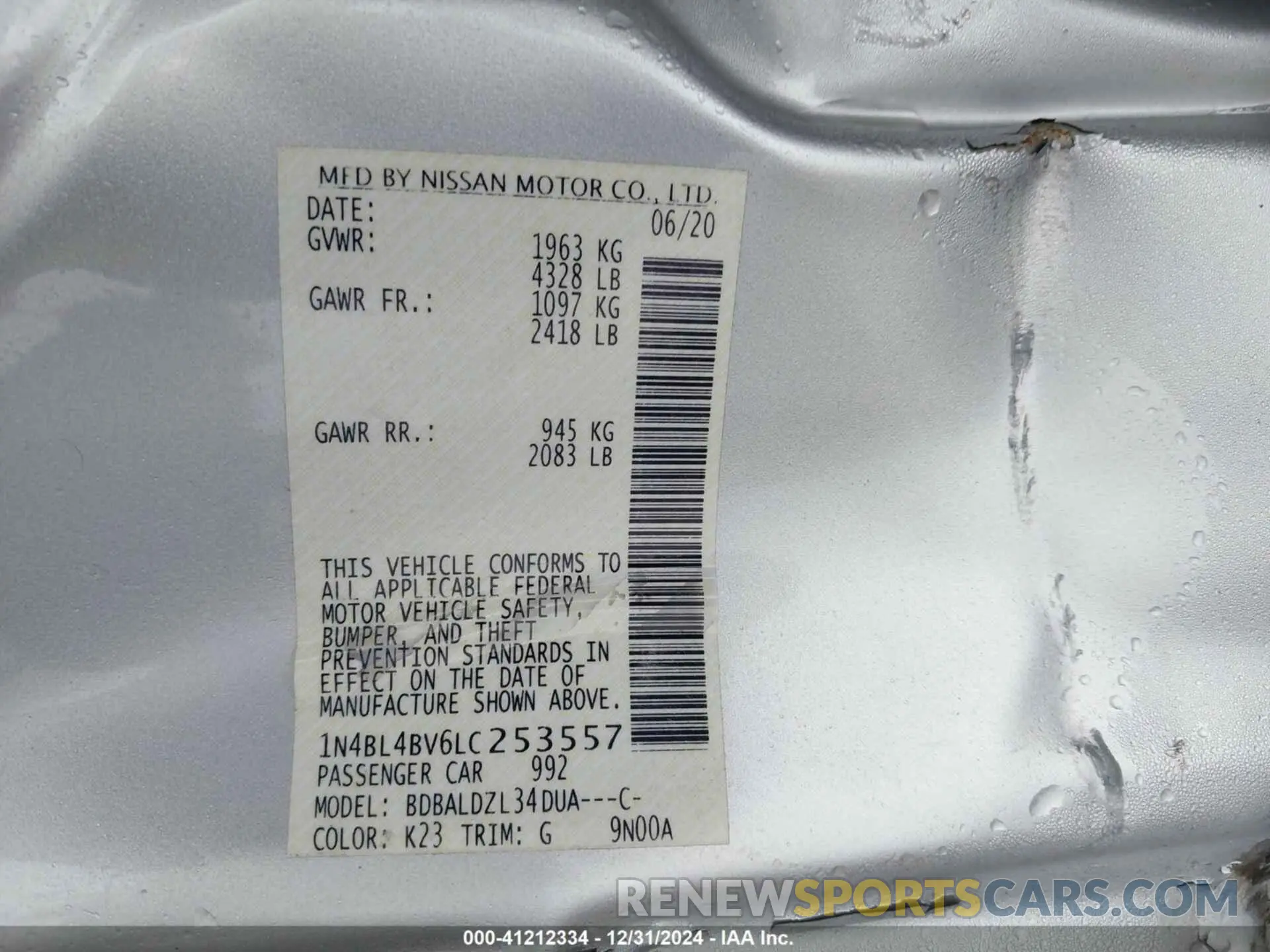 9 fotografías del automóvil dañado 1N4BL4BV6LC253557 NISSAN ALTIMA 2020