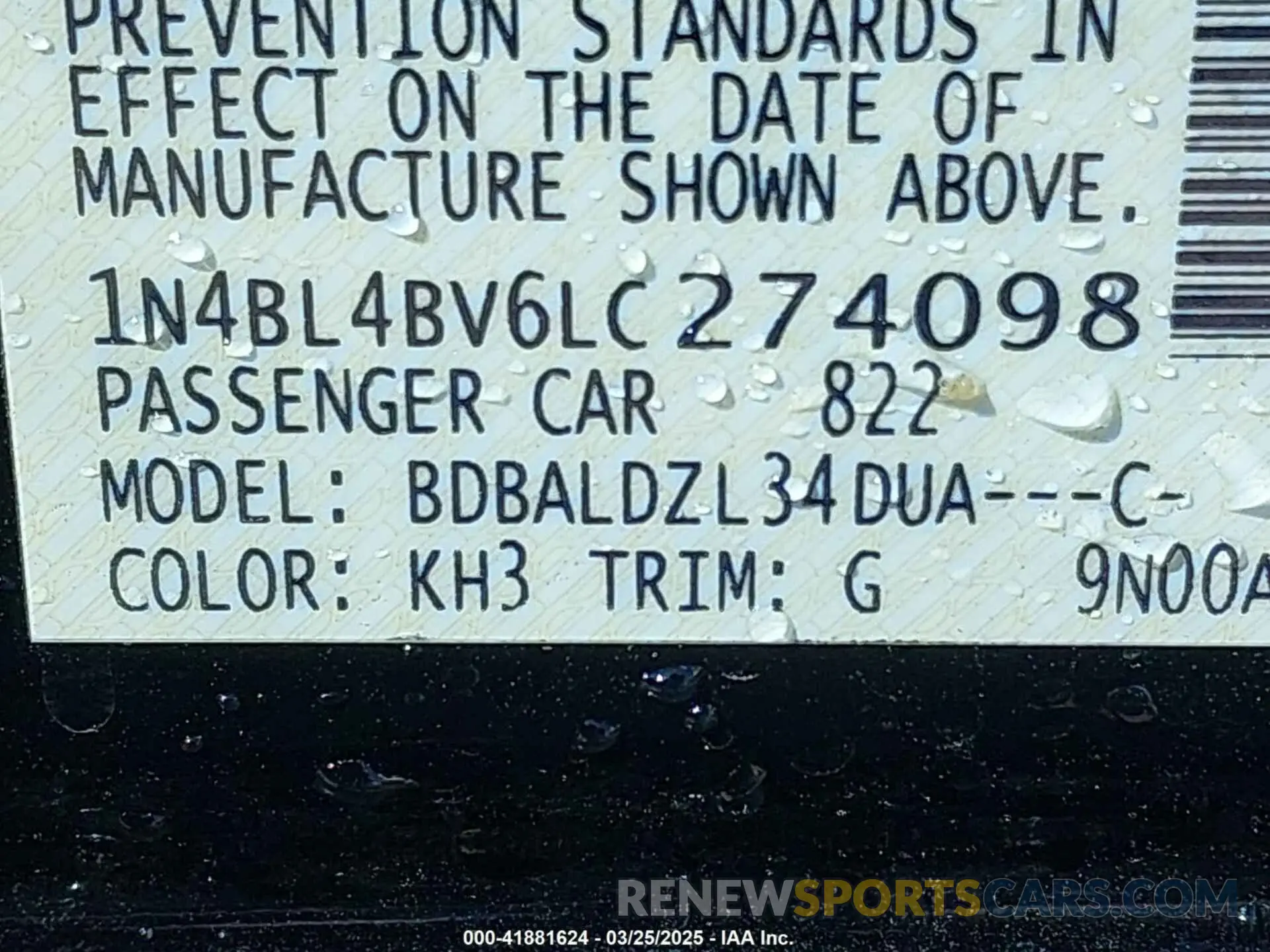 9 fotografías del automóvil dañado 1N4BL4BV6LC274098 NISSAN ALTIMA 2020