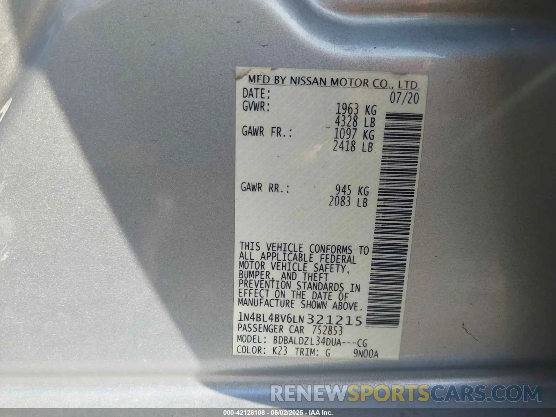 9 fotografías del automóvil dañado 1N4BL4BV6LN321215 NISSAN ALTIMA 2020