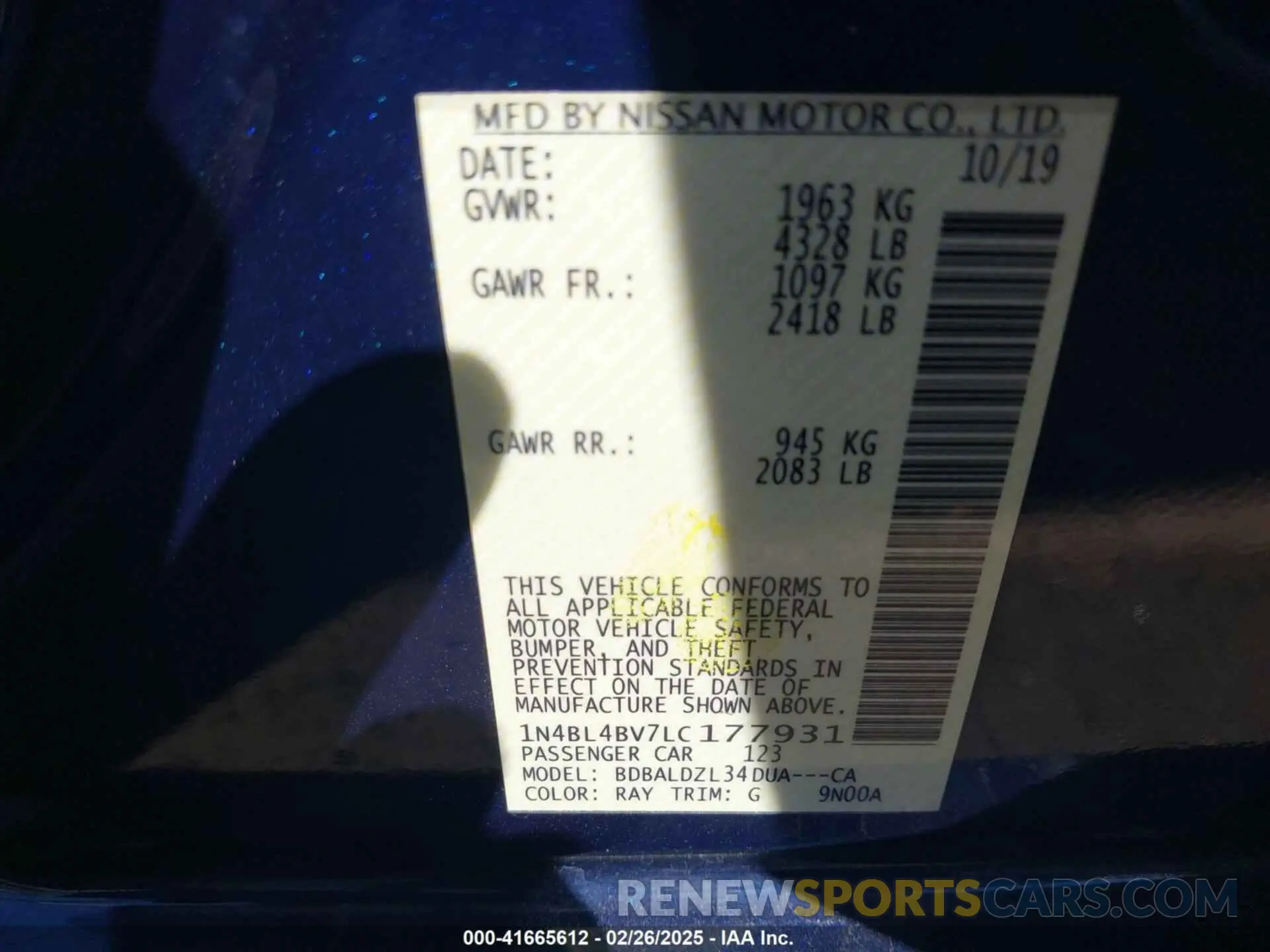 9 fotografías del automóvil dañado 1N4BL4BV7LC177931 NISSAN ALTIMA 2020