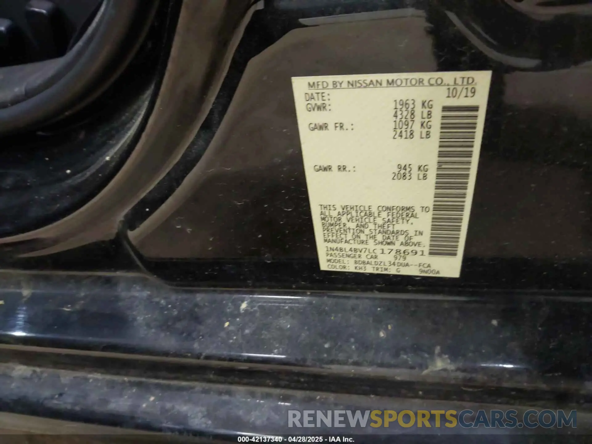 9 fotografías del automóvil dañado 1N4BL4BV7LC178691 NISSAN ALTIMA 2020