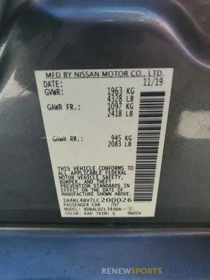 12 fotografías del automóvil dañado 1N4BL4BV7LC200026 NISSAN ALTIMA 2020