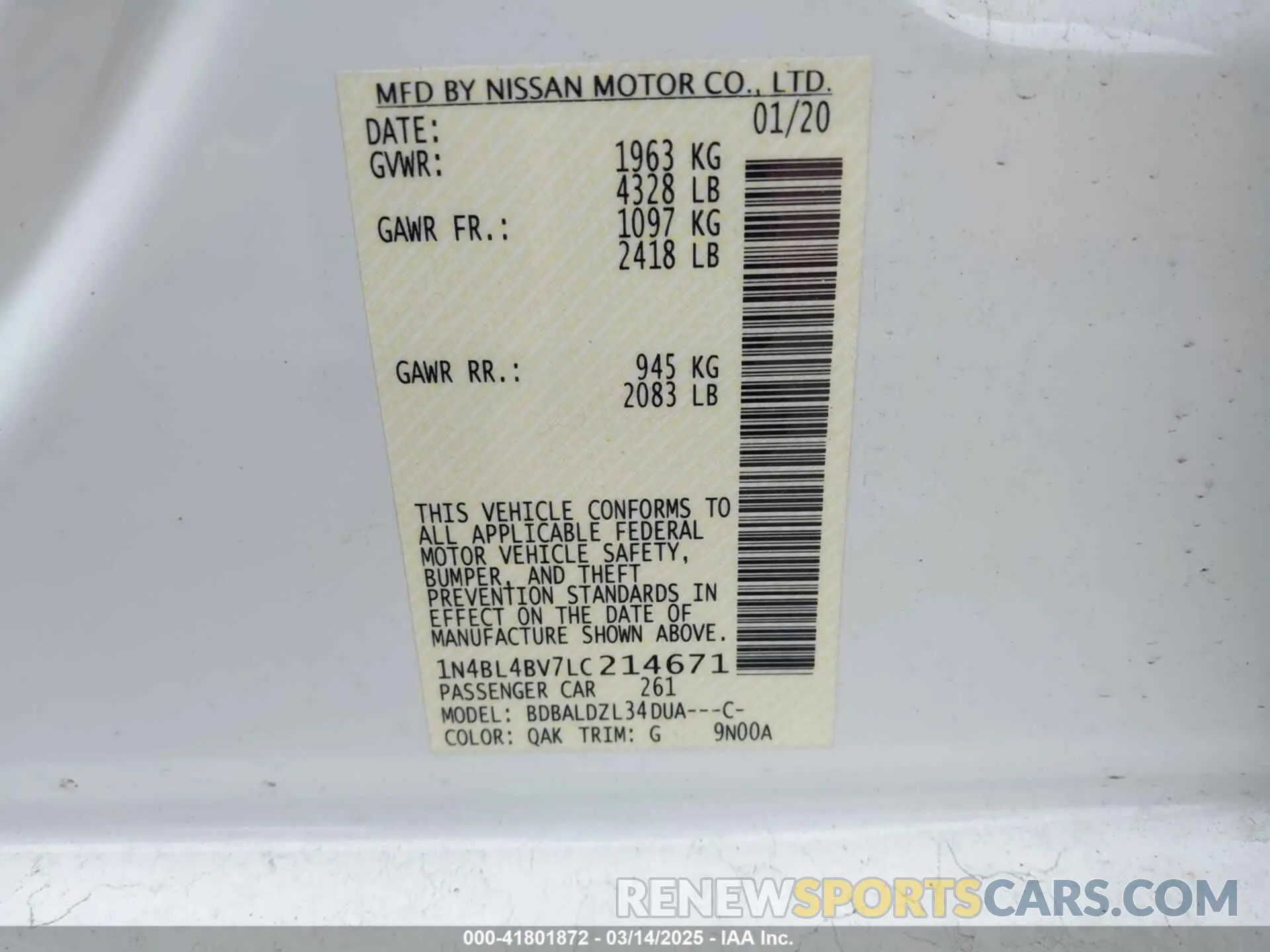 9 fotografías del automóvil dañado 1N4BL4BV7LC214671 NISSAN ALTIMA 2020
