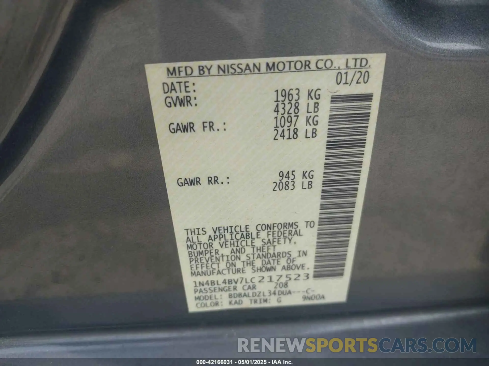 9 fotografías del automóvil dañado 1N4BL4BV7LC217523 NISSAN ALTIMA 2020