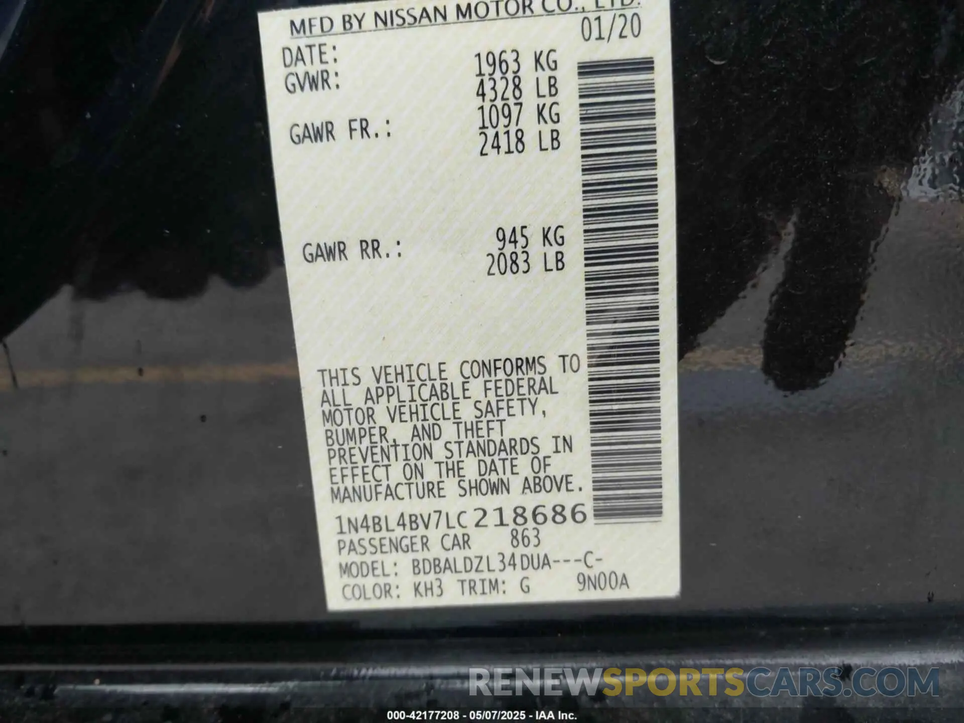 9 fotografías del automóvil dañado 1N4BL4BV7LC218686 NISSAN ALTIMA 2020