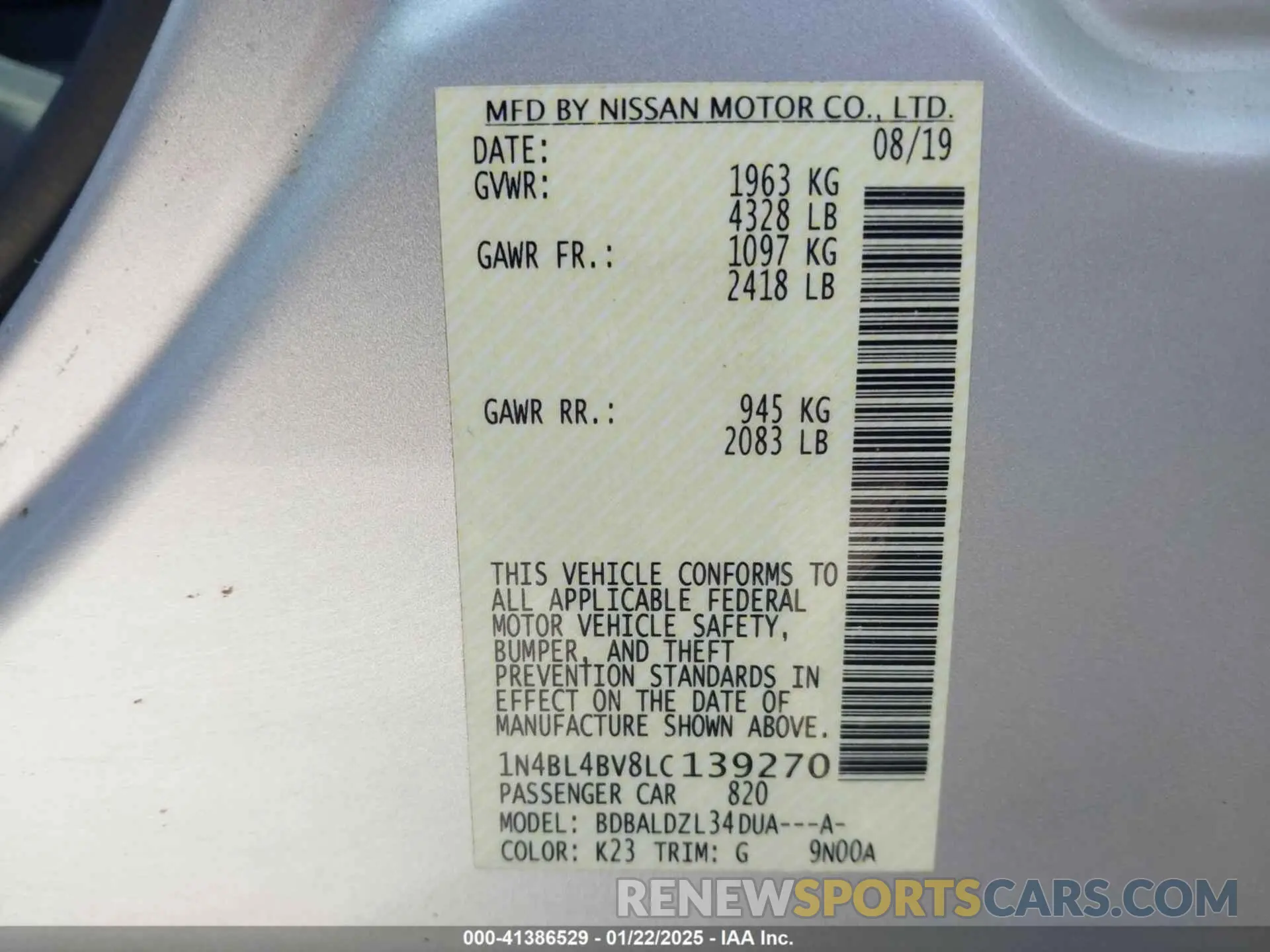 9 fotografías del automóvil dañado 1N4BL4BV8LC139270 NISSAN ALTIMA 2020