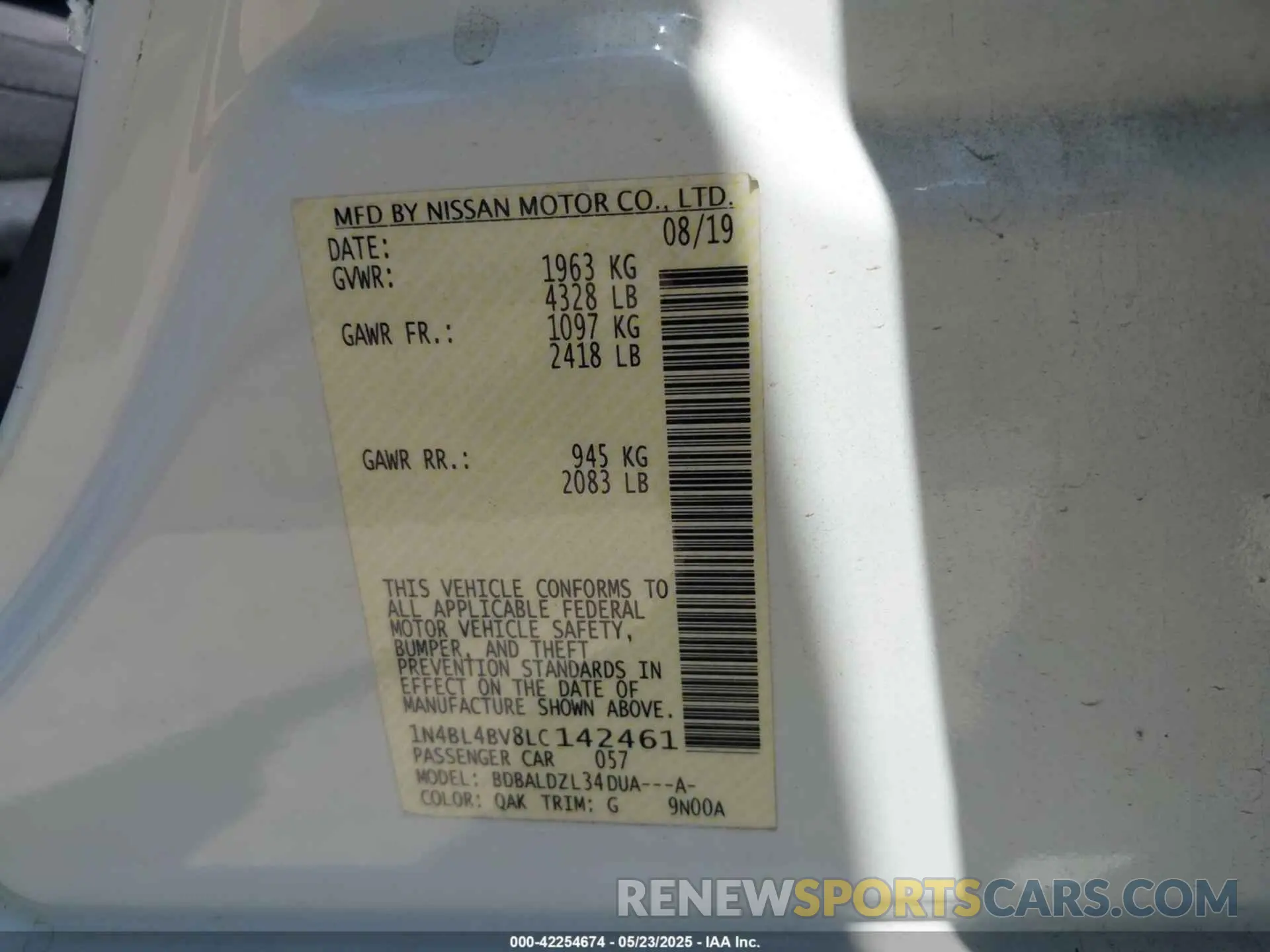 9 fotografías del automóvil dañado 1N4BL4BV8LC142461 NISSAN ALTIMA 2020