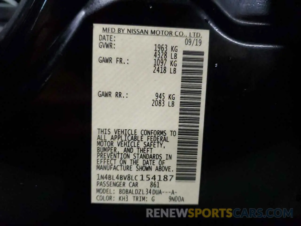 12 fotografías del automóvil dañado 1N4BL4BV8LC154187 NISSAN ALTIMA 2020