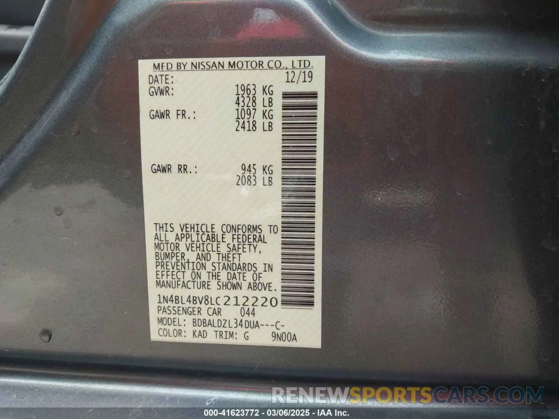 9 fotografías del automóvil dañado 1N4BL4BV8LC212220 NISSAN ALTIMA 2020