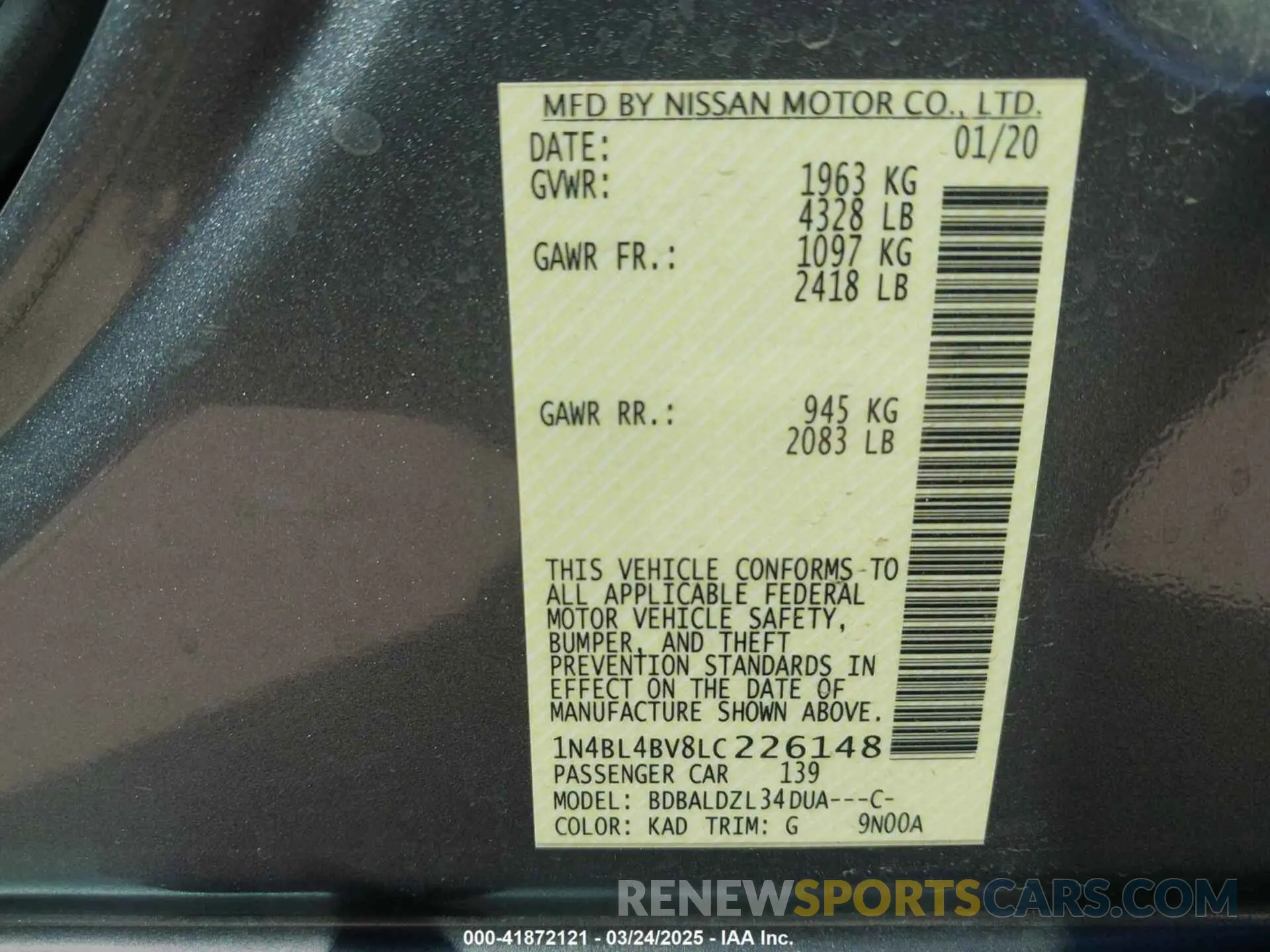 9 fotografías del automóvil dañado 1N4BL4BV8LC226148 NISSAN ALTIMA 2020