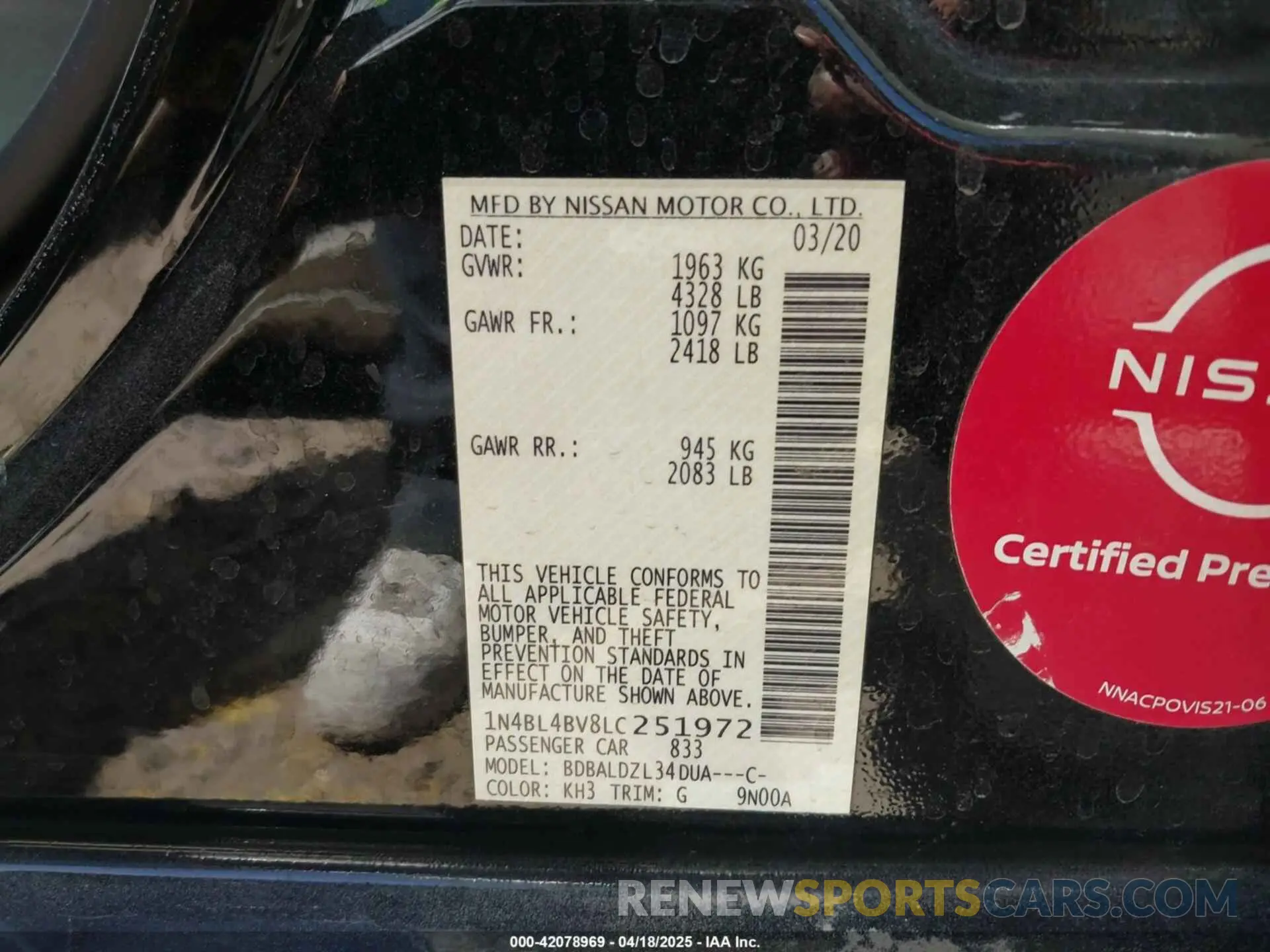 9 fotografías del automóvil dañado 1N4BL4BV8LC251972 NISSAN ALTIMA 2020