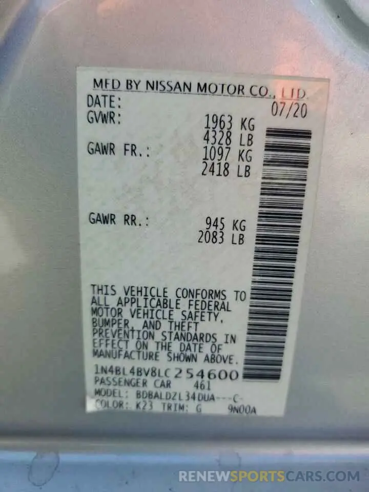 12 fotografías del automóvil dañado 1N4BL4BV8LC254600 NISSAN ALTIMA 2020