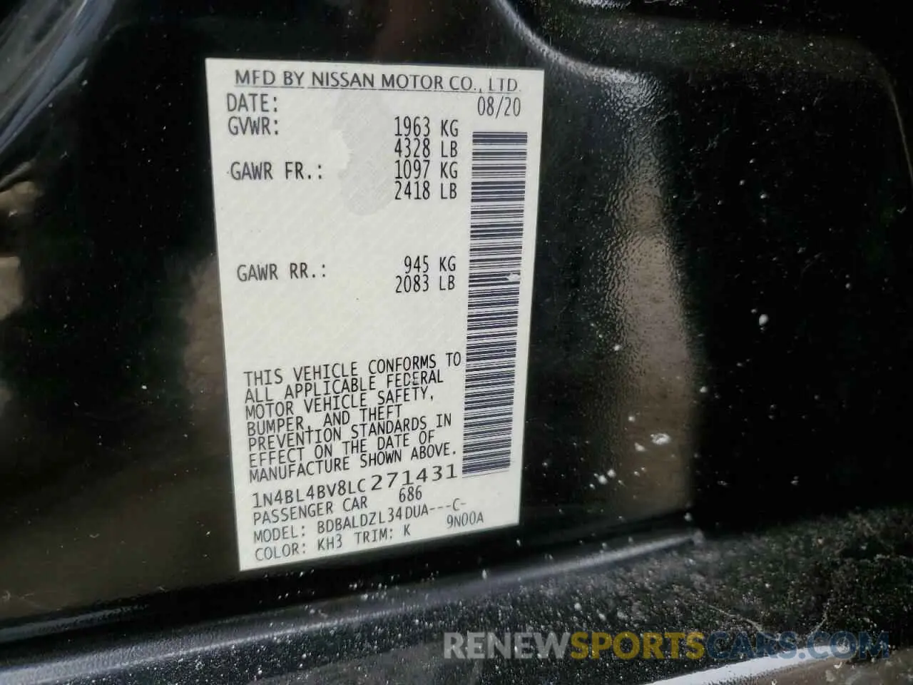 12 fotografías del automóvil dañado 1N4BL4BV8LC271431 NISSAN ALTIMA 2020