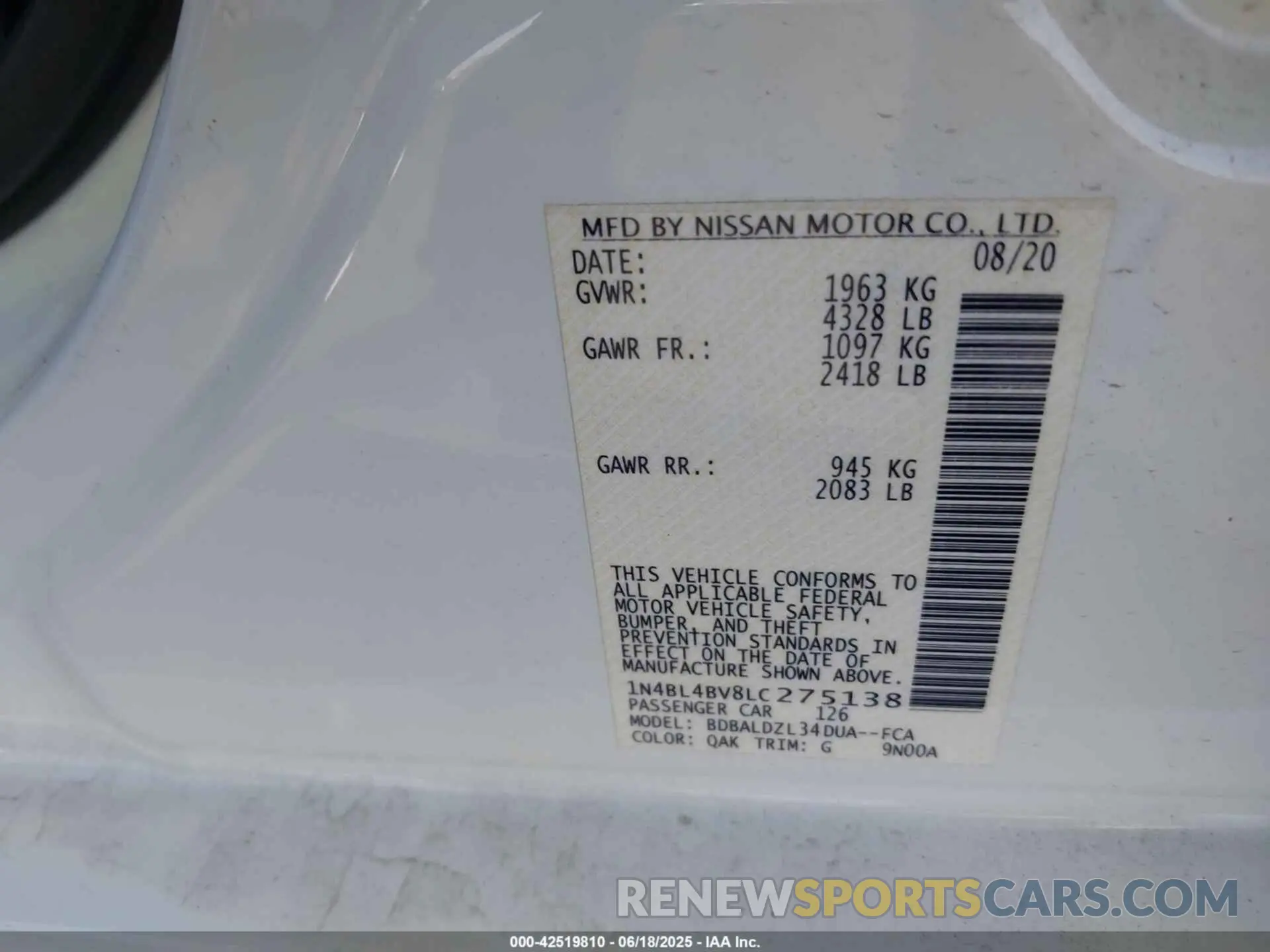 9 fotografías del automóvil dañado 1N4BL4BV8LC275138 NISSAN ALTIMA 2020