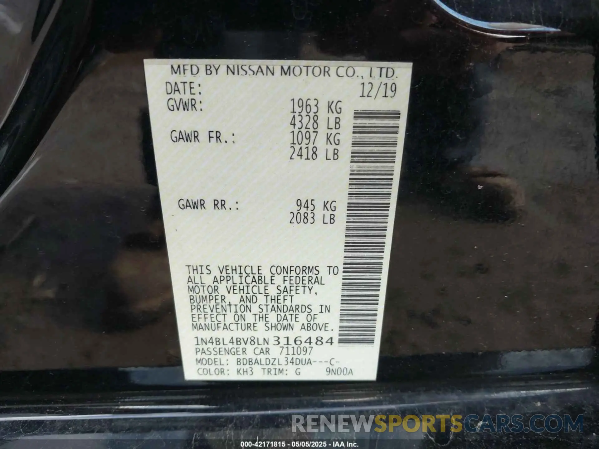 9 fotografías del automóvil dañado 1N4BL4BV8LN316484 NISSAN ALTIMA 2020
