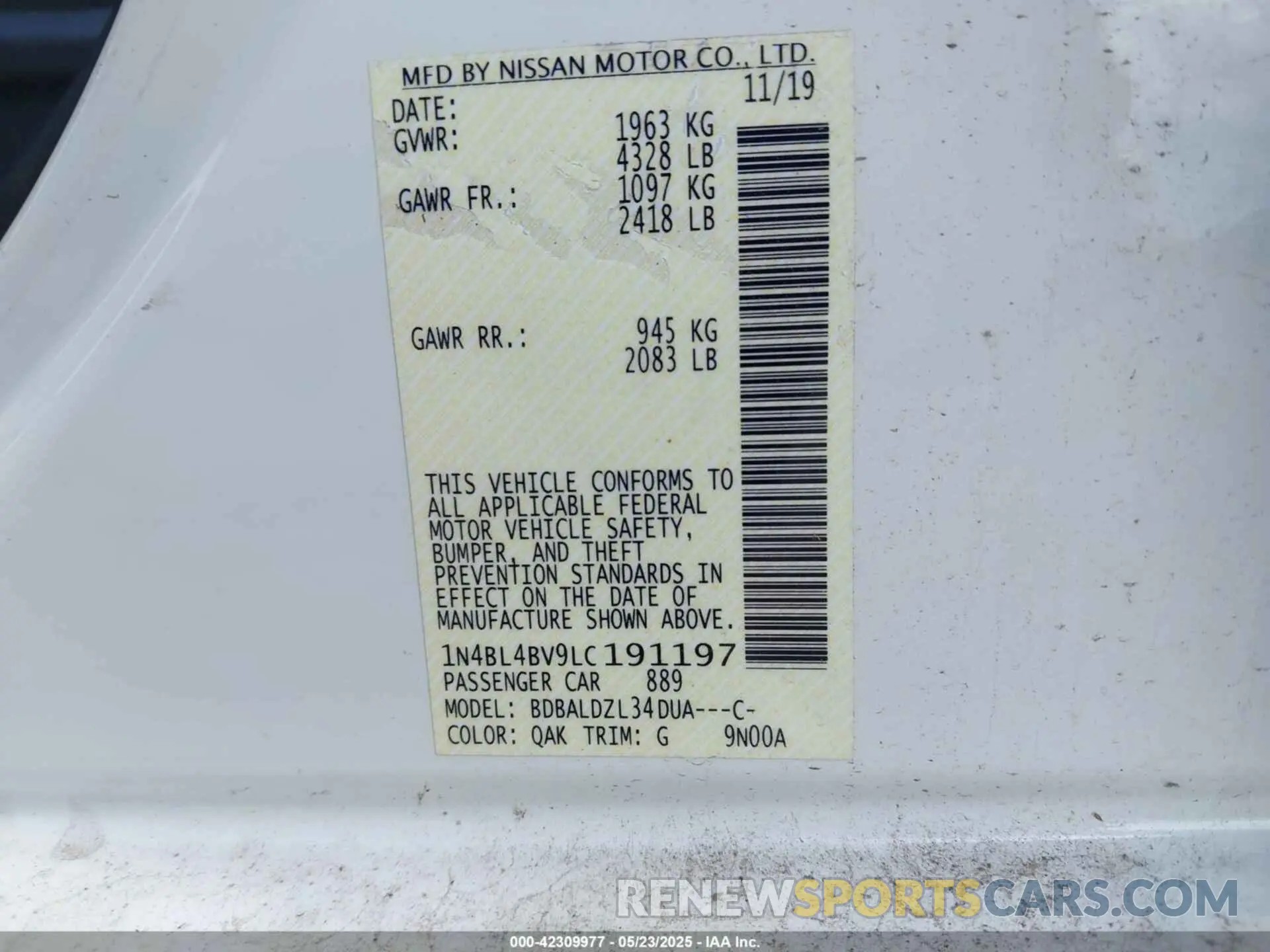 9 fotografías del automóvil dañado 1N4BL4BV9LC191197 NISSAN ALTIMA 2020