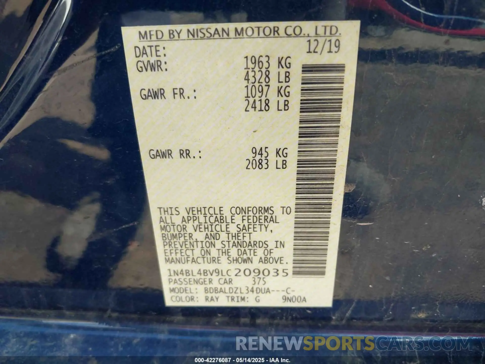 9 fotografías del automóvil dañado 1N4BL4BV9LC209035 NISSAN ALTIMA 2020