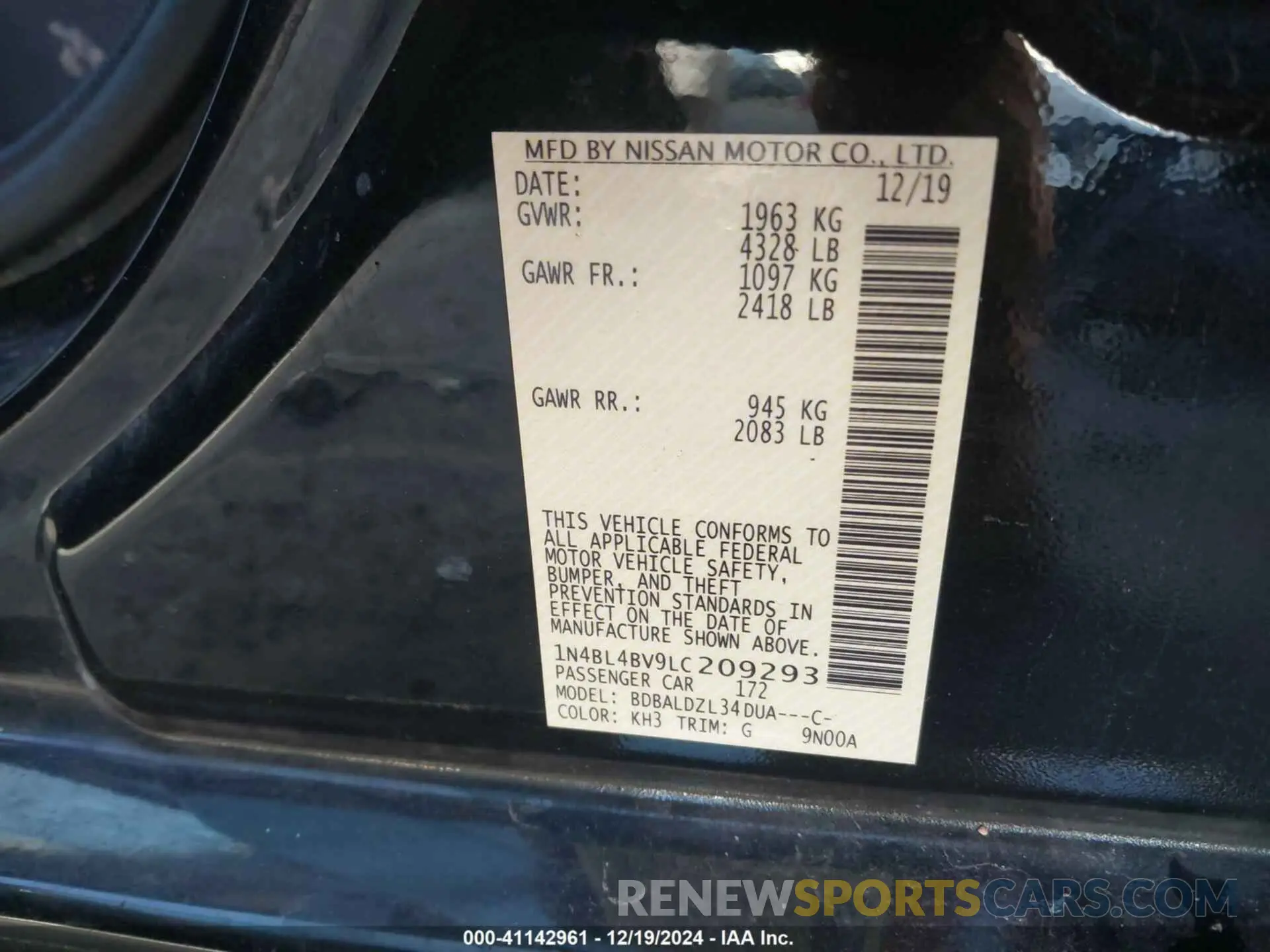 9 fotografías del automóvil dañado 1N4BL4BV9LC209293 NISSAN ALTIMA 2020