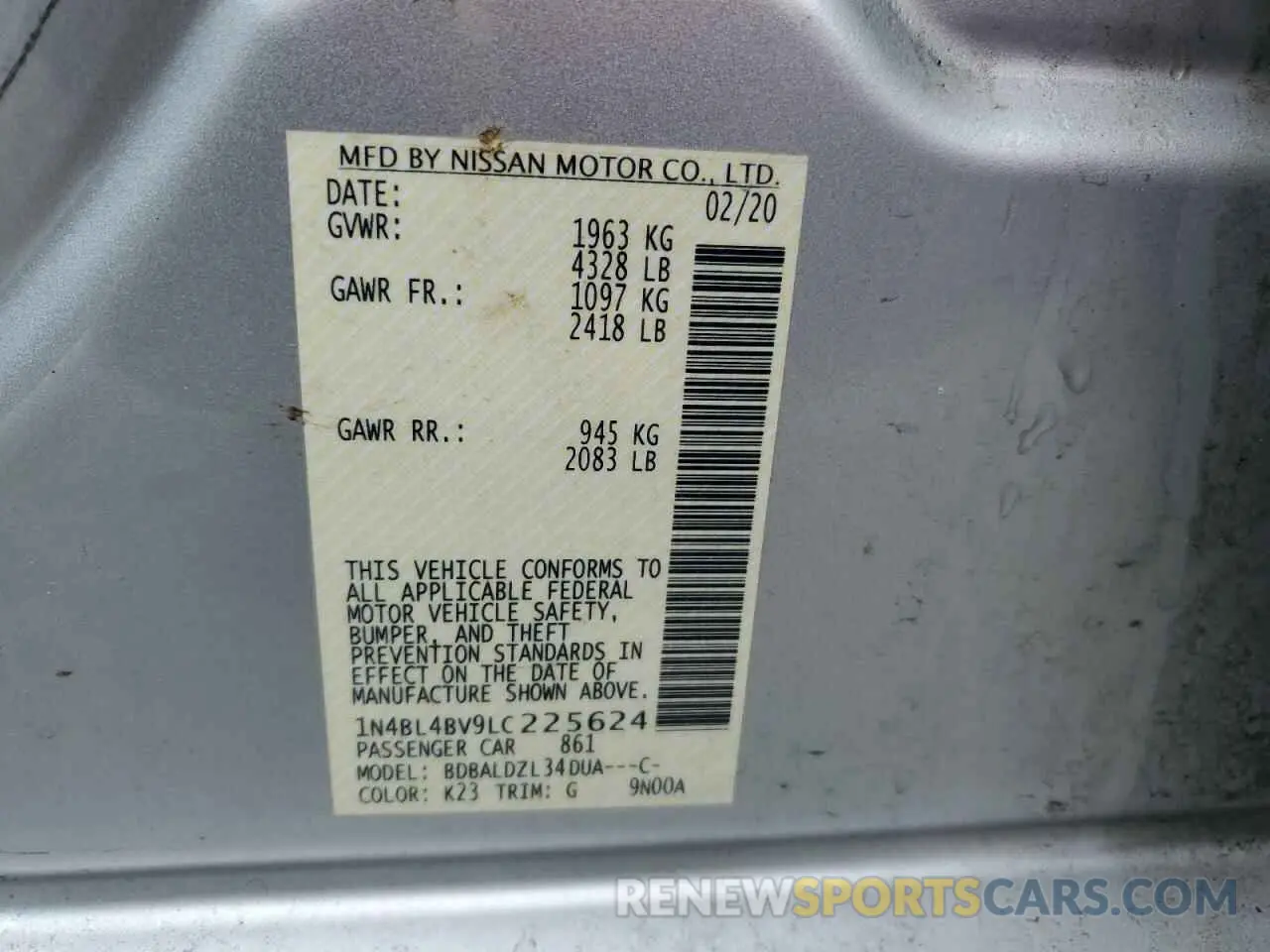 15 fotografías del automóvil dañado 1N4BL4BV9LC225624 NISSAN ALTIMA 2020