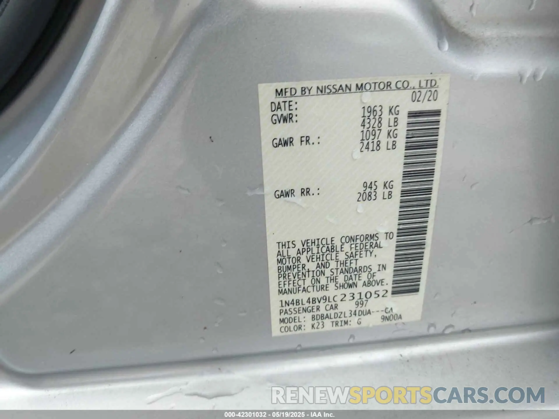 9 fotografías del automóvil dañado 1N4BL4BV9LC231052 NISSAN ALTIMA 2020