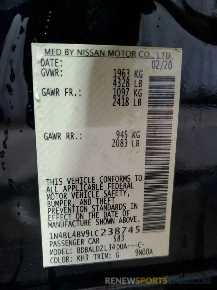 12 fotografías del automóvil dañado 1N4BL4BV9LC238745 NISSAN ALTIMA 2020