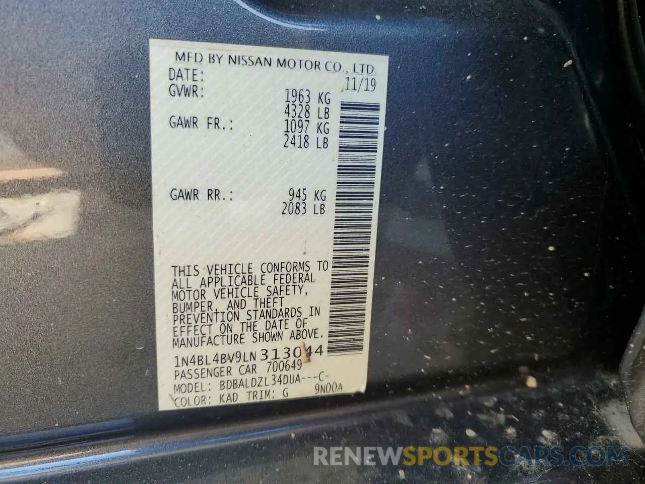 12 fotografías del automóvil dañado 1N4BL4BV9LN313044 NISSAN ALTIMA 2020