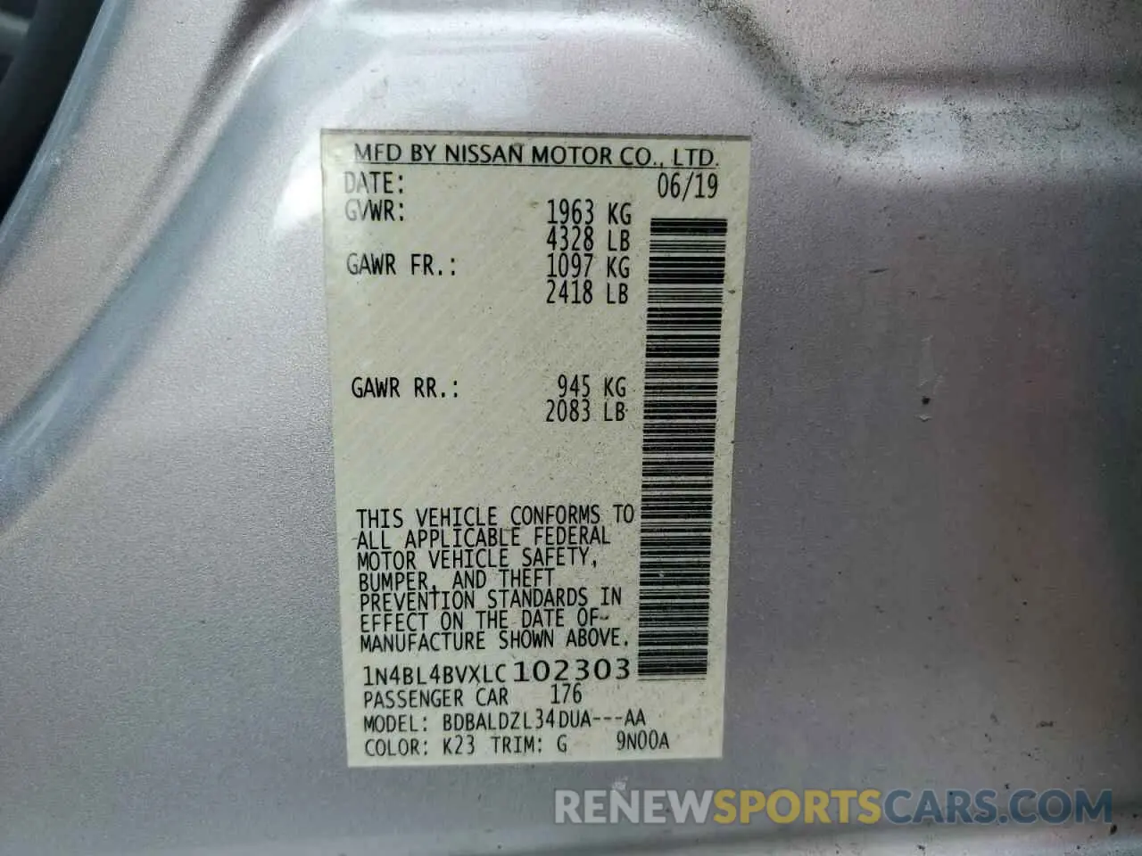 15 fotografías del automóvil dañado 1N4BL4BVXLC102303 NISSAN ALTIMA 2020