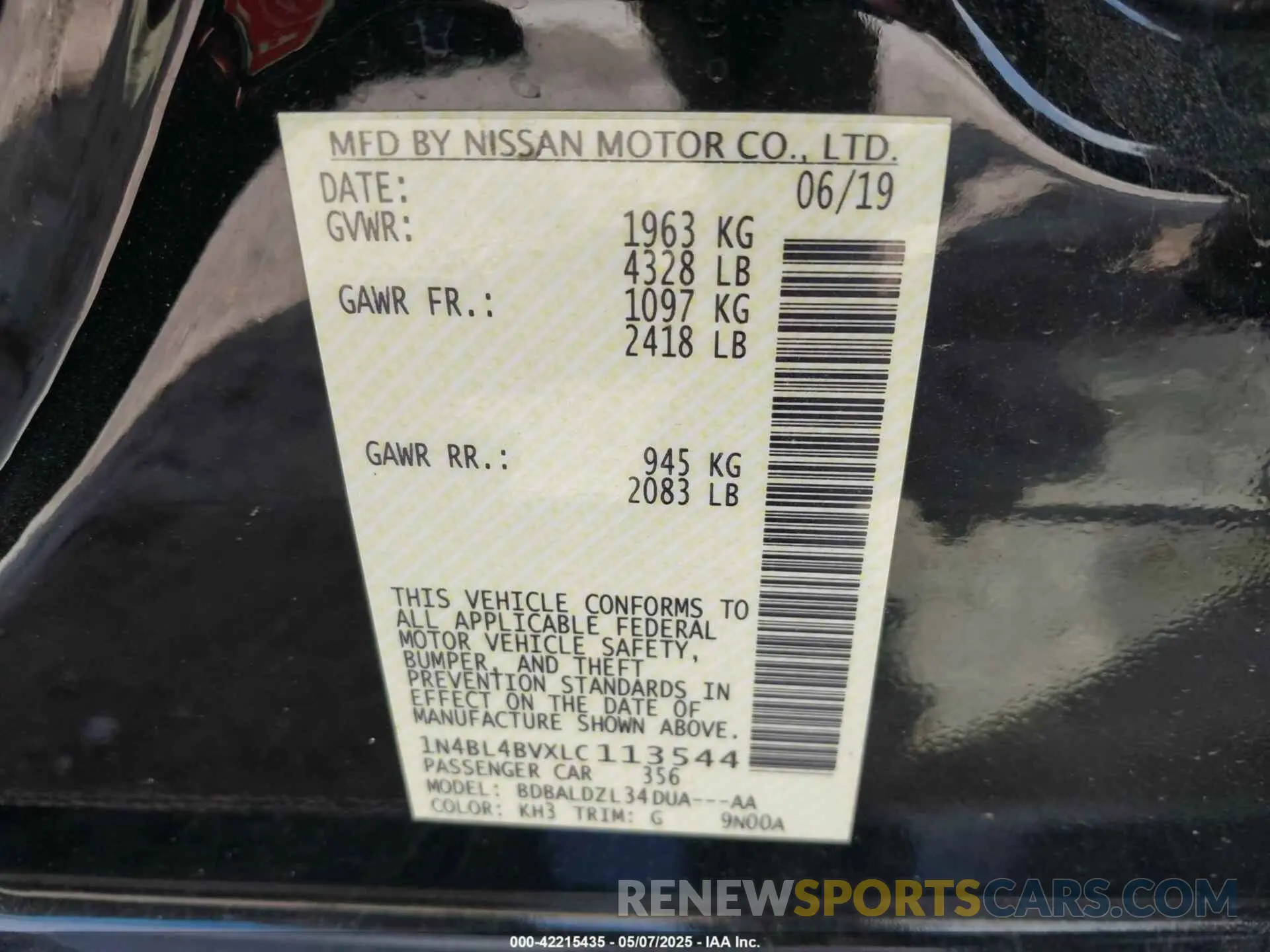 9 fotografías del automóvil dañado 1N4BL4BVXLC113544 NISSAN ALTIMA 2020