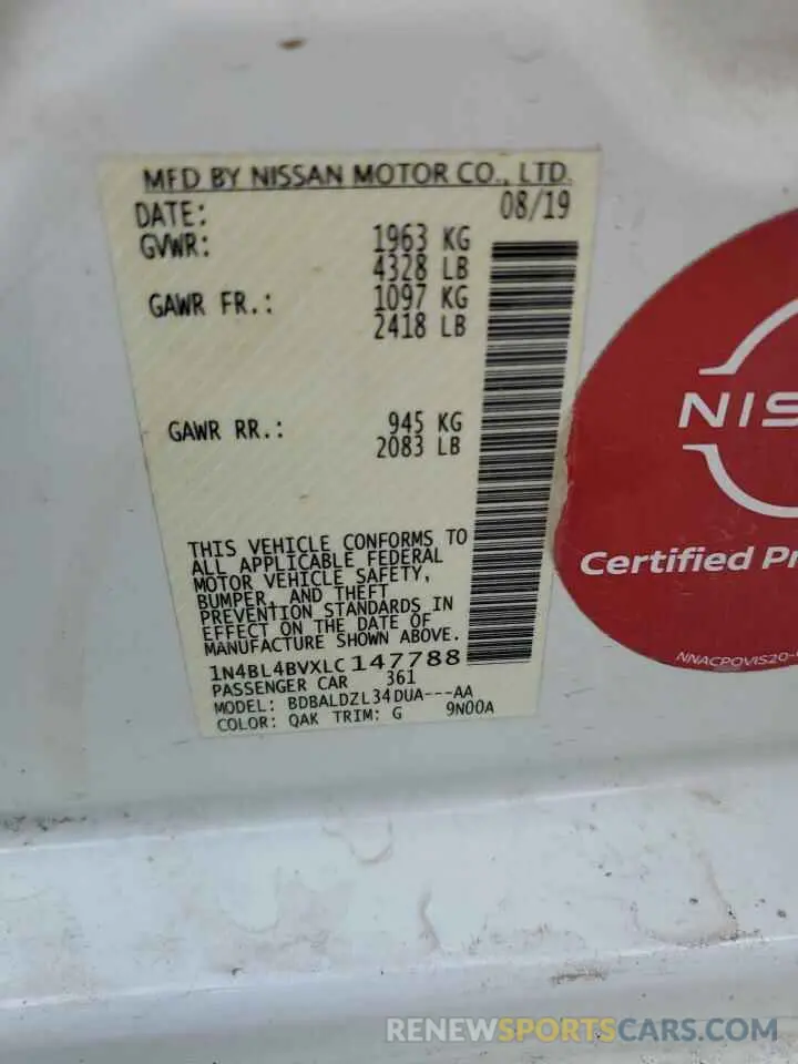 12 fotografías del automóvil dañado 1N4BL4BVXLC147788 NISSAN ALTIMA 2020