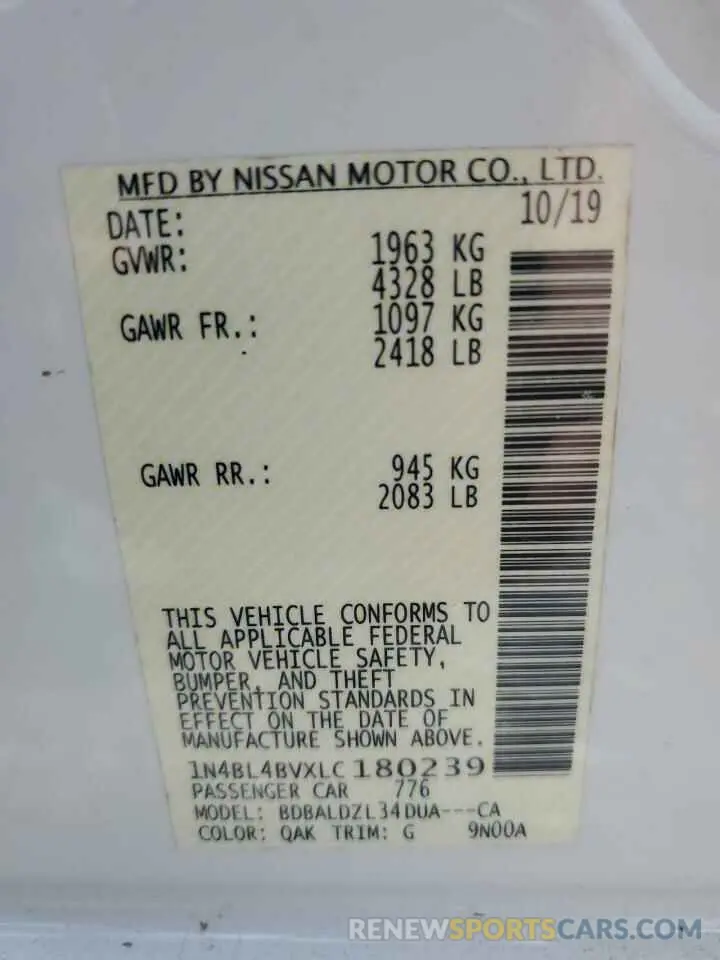 13 fotografías del automóvil dañado 1N4BL4BVXLC180239 NISSAN ALTIMA 2020