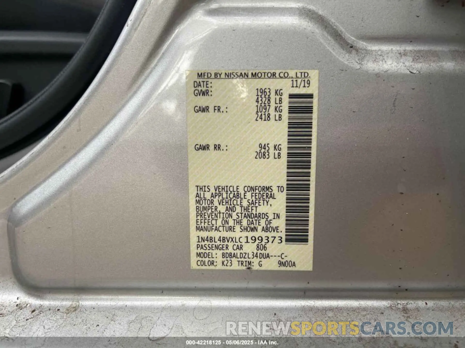 9 fotografías del automóvil dañado 1N4BL4BVXLC199373 NISSAN ALTIMA 2020