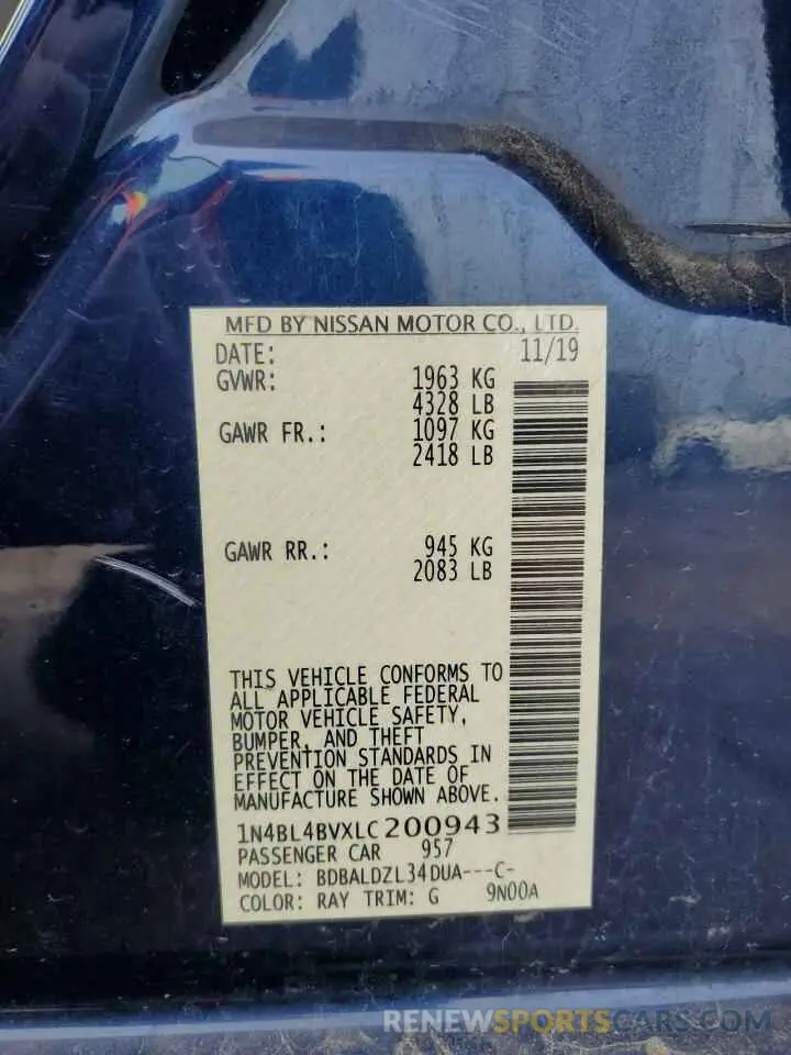 12 fotografías del automóvil dañado 1N4BL4BVXLC200943 NISSAN ALTIMA 2020