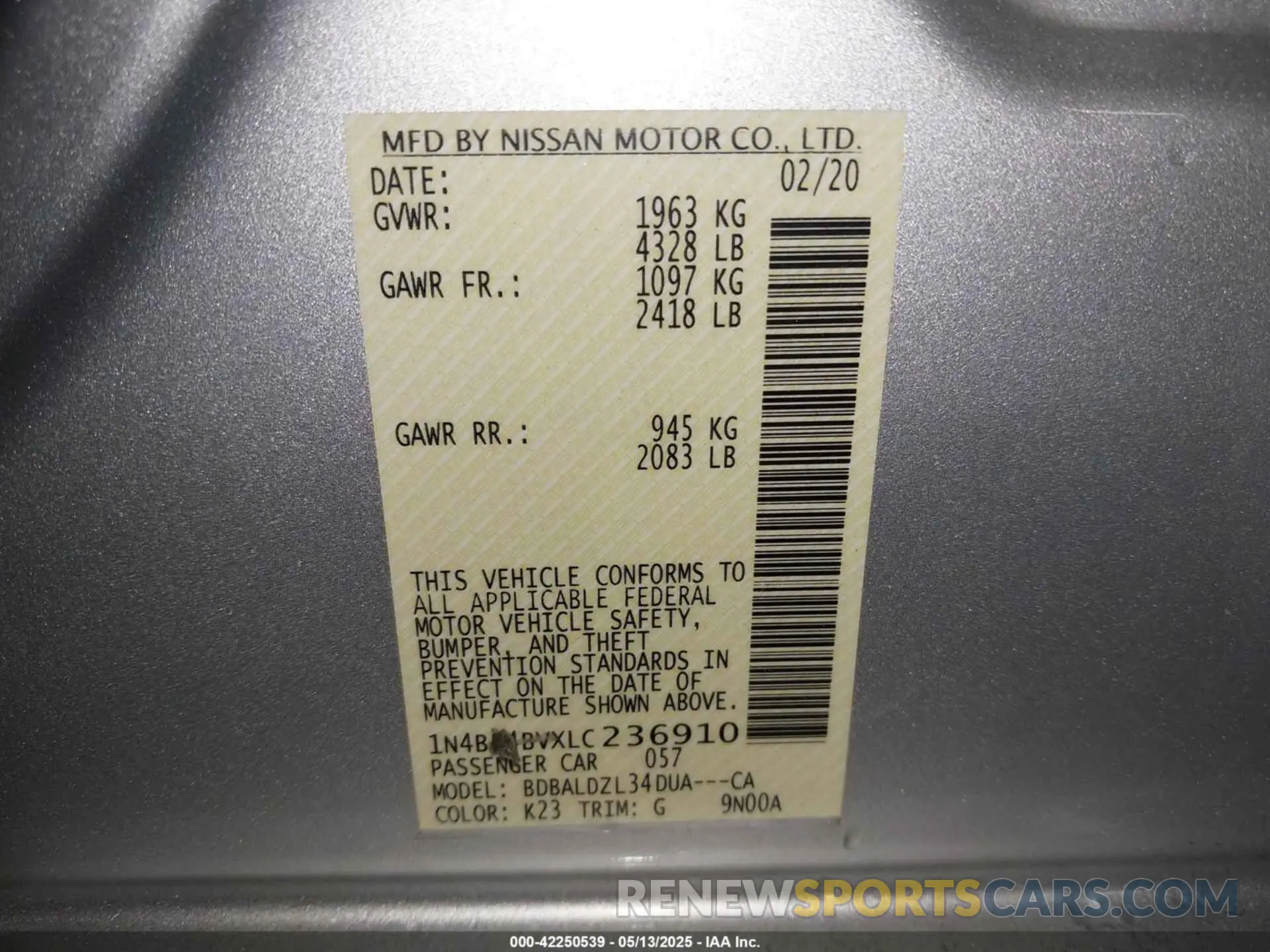 9 fotografías del automóvil dañado 1N4BL4BVXLC236910 NISSAN ALTIMA 2020