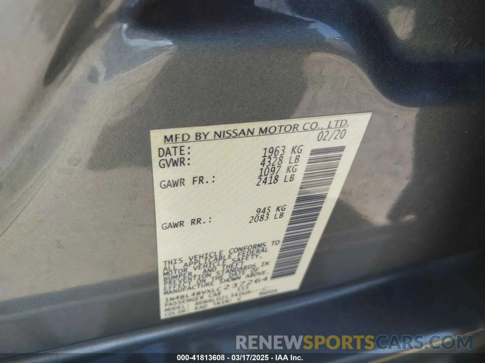9 fotografías del automóvil dañado 1N4BL4BVXLC237264 NISSAN ALTIMA 2020