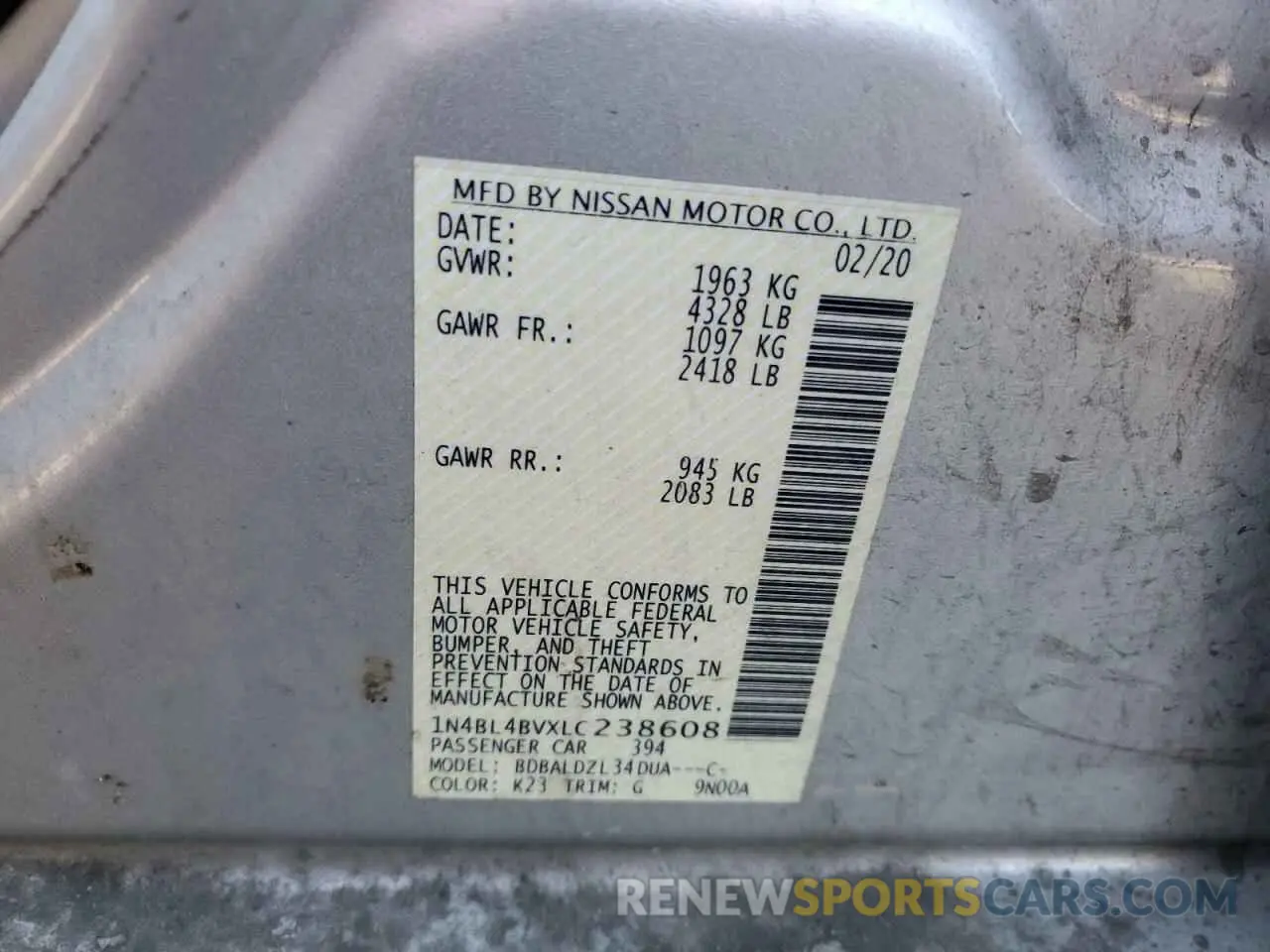 12 fotografías del automóvil dañado 1N4BL4BVXLC238608 NISSAN ALTIMA 2020