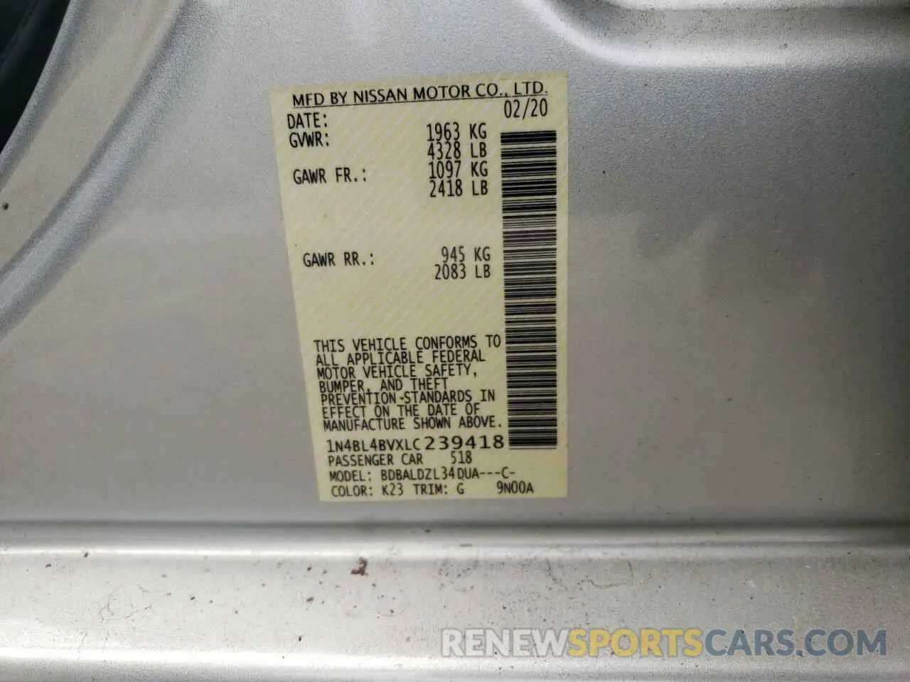 12 fotografías del automóvil dañado 1N4BL4BVXLC239418 NISSAN ALTIMA 2020