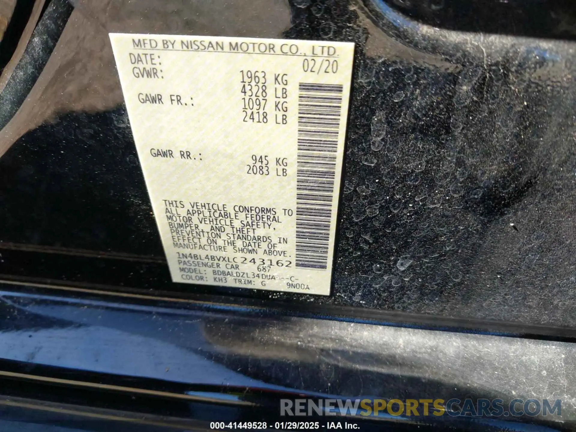 9 fotografías del automóvil dañado 1N4BL4BVXLC243162 NISSAN ALTIMA 2020