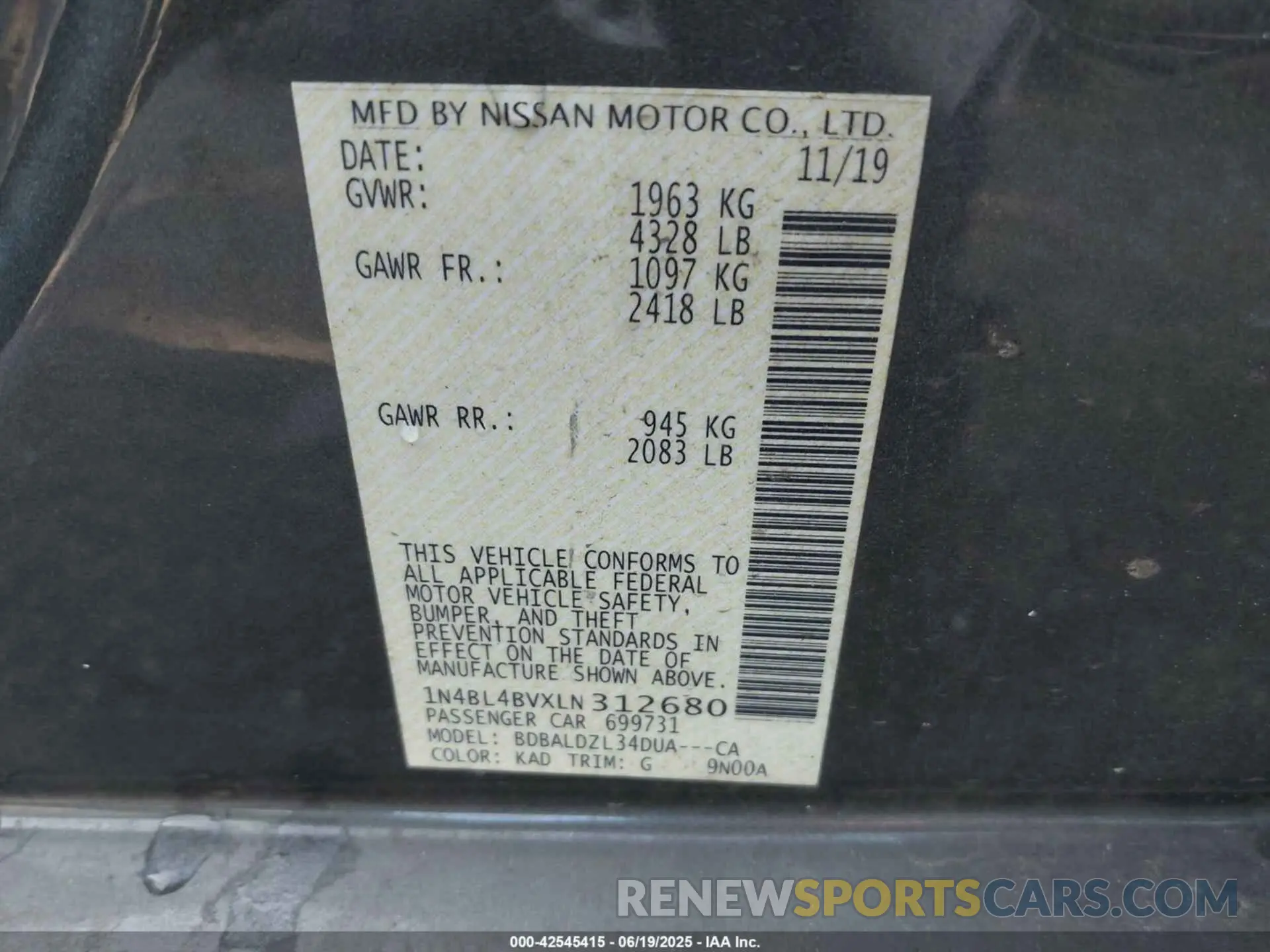 9 fotografías del automóvil dañado 1N4BL4BVXLN312680 NISSAN ALTIMA 2020