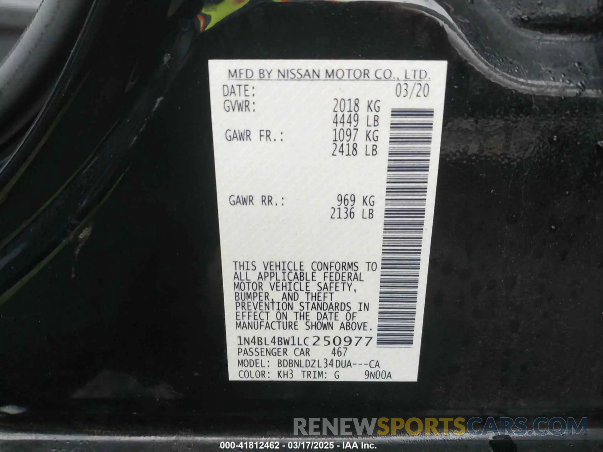 9 fotografías del automóvil dañado 1N4BL4BW1LC250977 NISSAN ALTIMA 2020